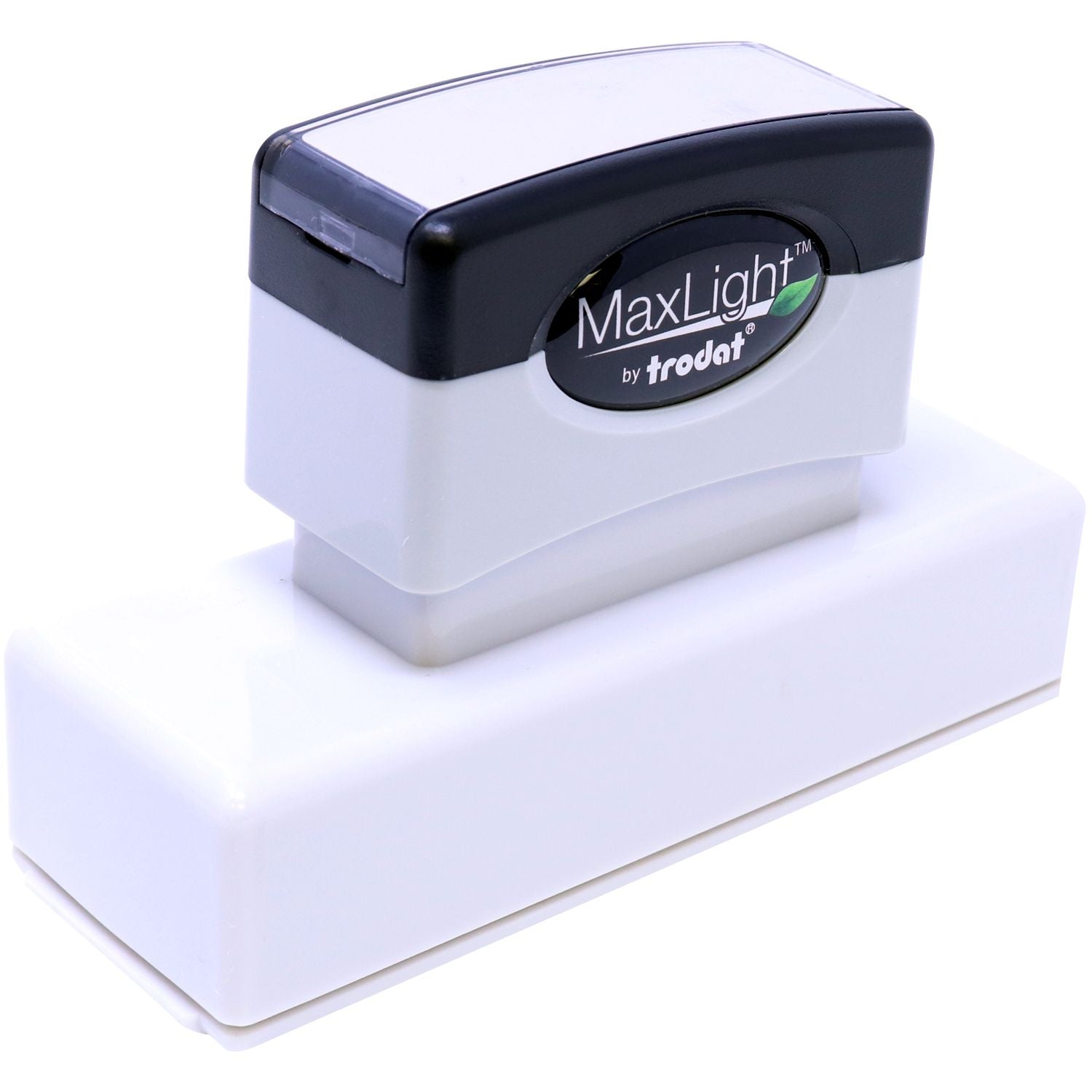 MaxLight XL2-265 Custom Pre-Inked Business Stamp 11/16 x 3-5/16, shown from a top front angle, featuring a black and white design.