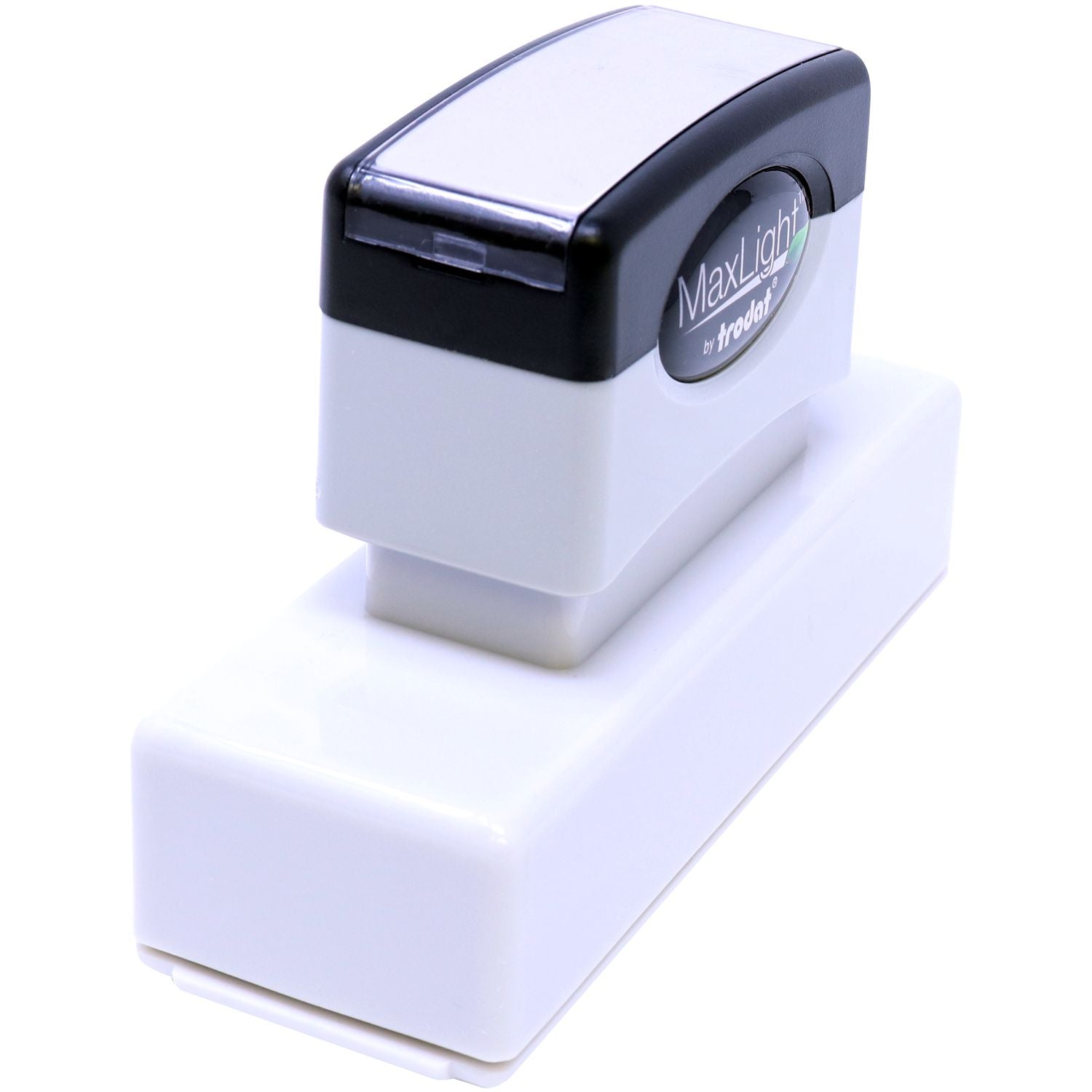 MaxLight XL2-265 Custom Pre-Inked Business Stamp 11/16 x 3-5/16, shown from a top-side angle, featuring a sleek black and white design.