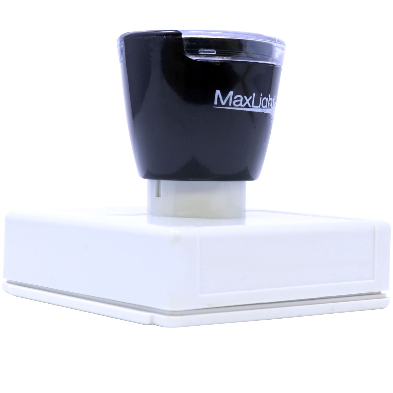 MaxLight XL2-5050 Custom Pre-Inked Business Stamp 2 x 2, black top with white base, shown from a front angle on a white background.