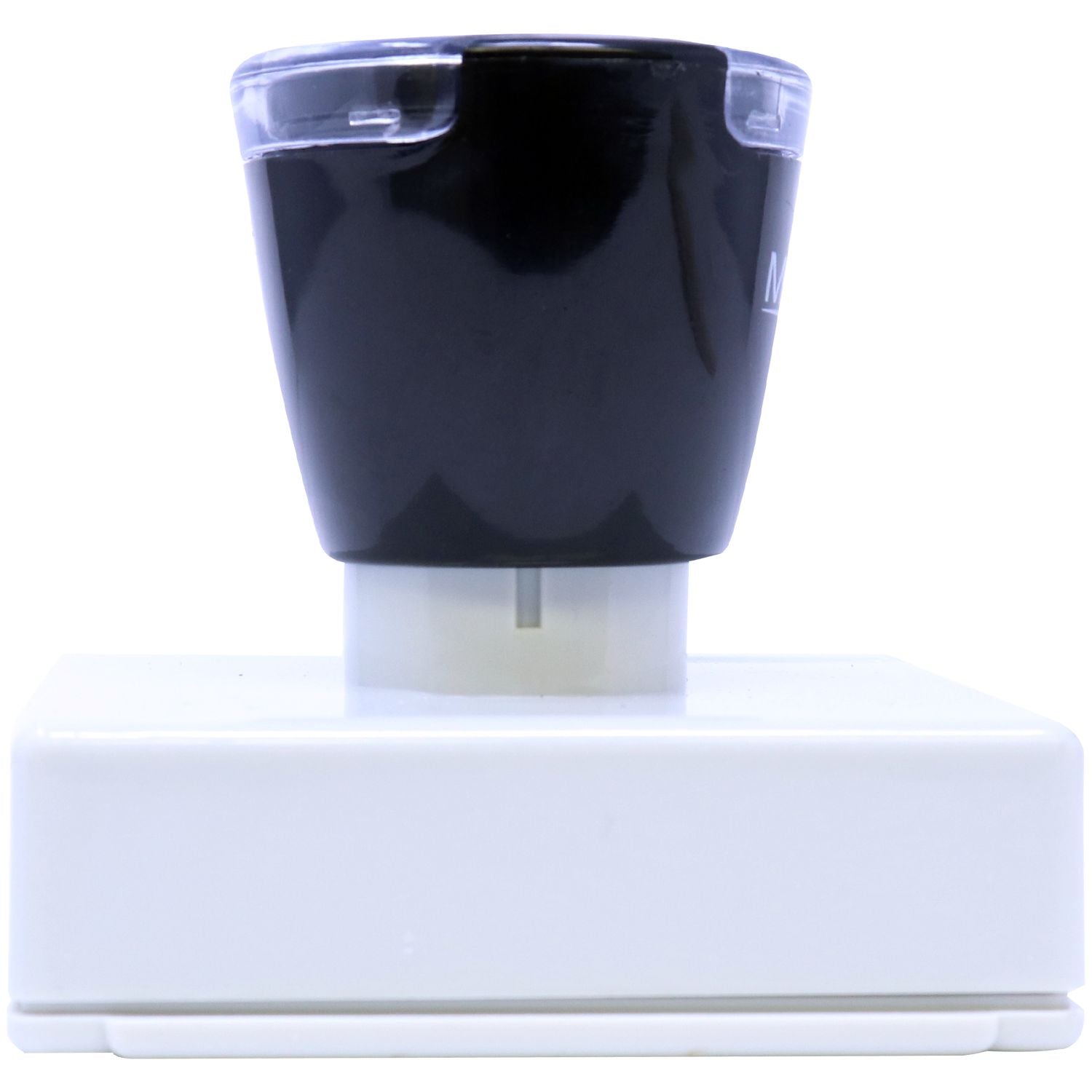 MaxLight XL2-5050 Custom Pre-Inked Business Stamp 2 x 2, featuring a black handle and white base, side view.