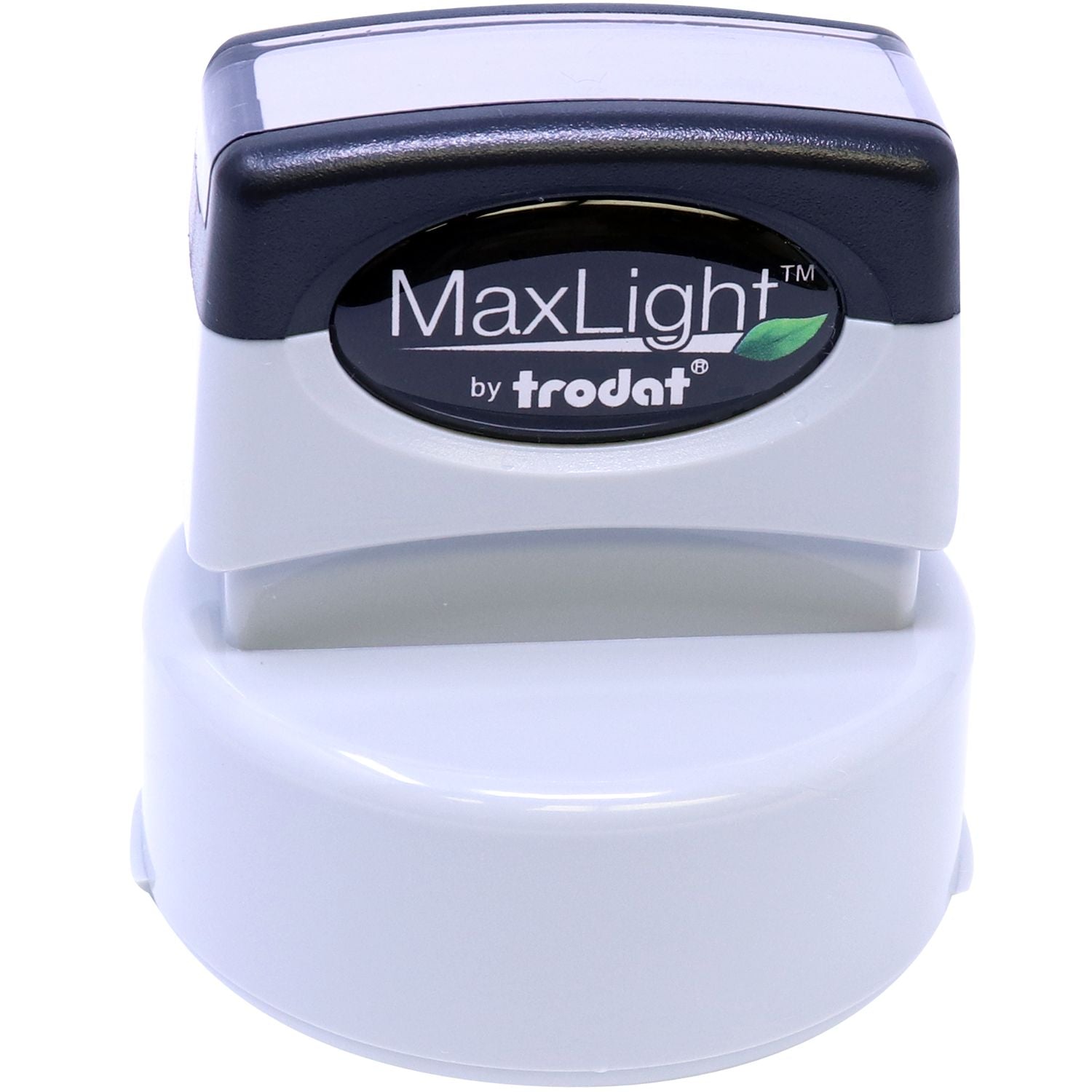 MaxLight XL2-535 Custom Pre-Inked Business Stamp 1-5/8 Diameter, shown in a front view with a black and white design and Trodat branding.