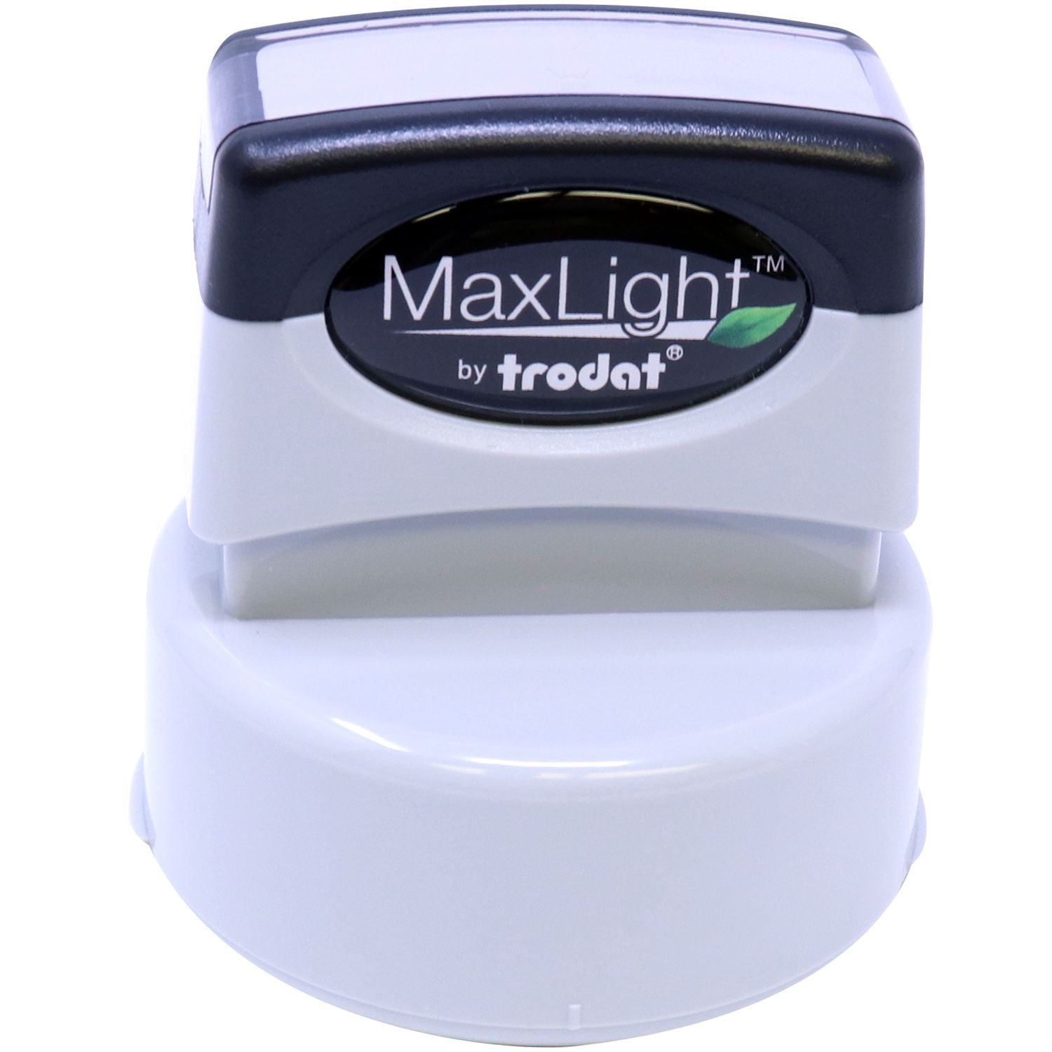 MaxLight XL2-535 Custom Pre-Inked Business Stamp 1-5/8 Diameter, shown from a top-front angle, featuring a black and white design.