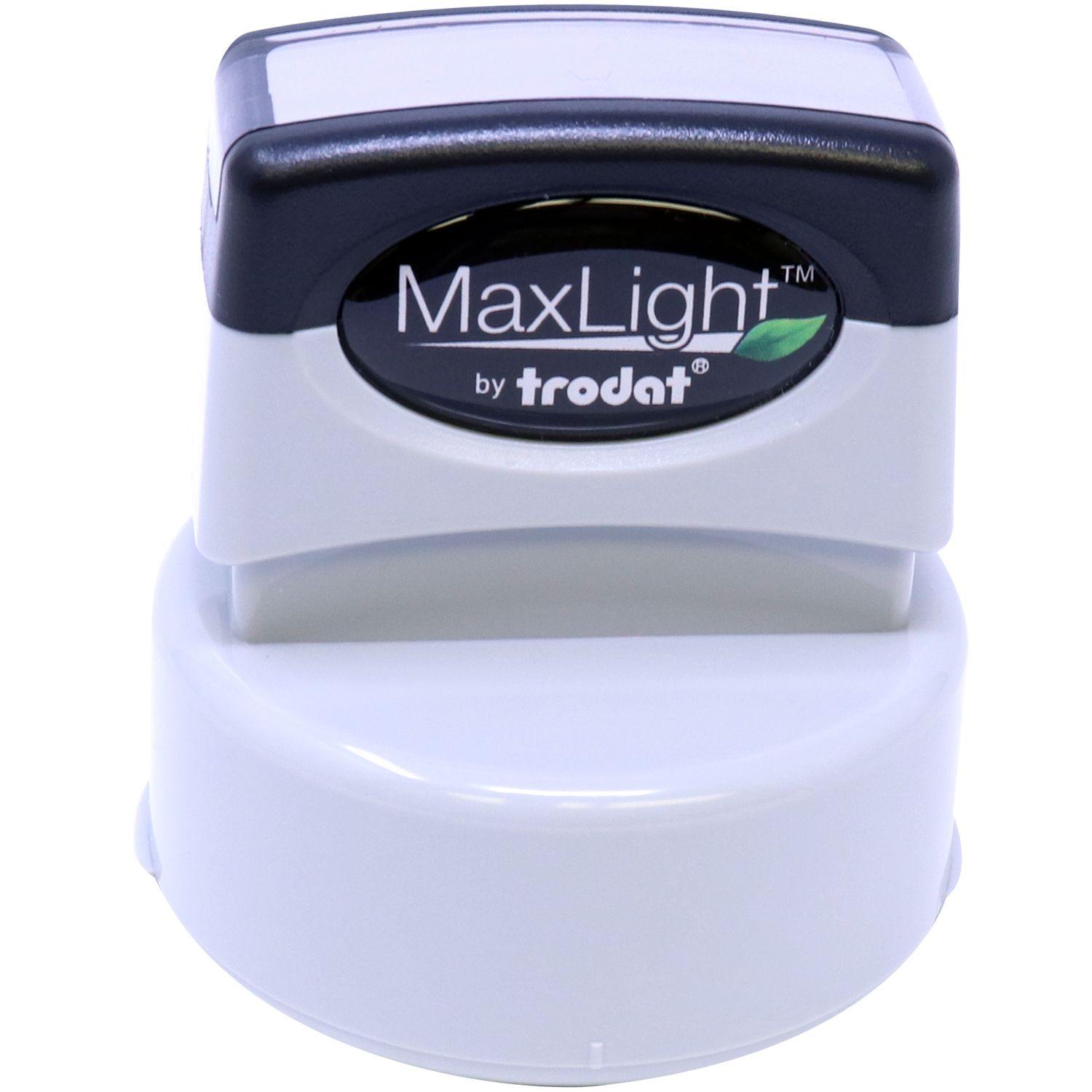 Image of the Interior Designer MaxLight Pre Inked Rubber Stamp of Seal by Trodat, showing the top front angle of the stamp with branding visible.