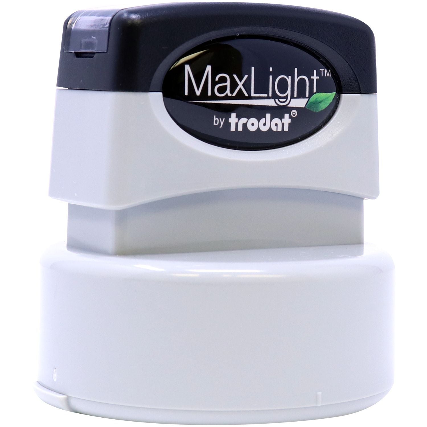 MaxLight XL2-655 Custom Pre-Inked Business Stamp 2 Diameter, shown in a front-side view with a black and white design.