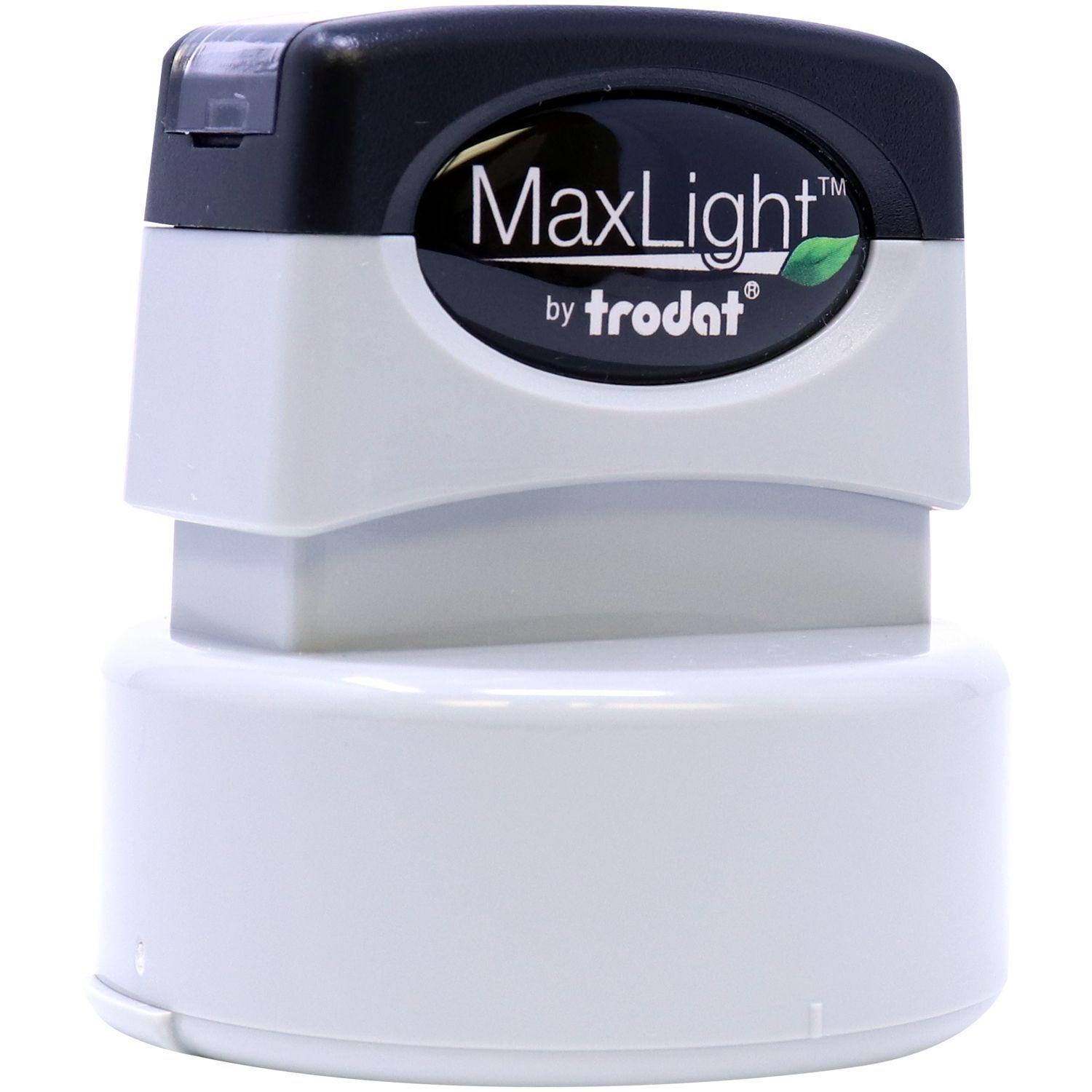 Forester MaxLight Pre Inked Rubber Stamp of Seal, white and black, front-side view with MaxLight by Trodat logo visible.