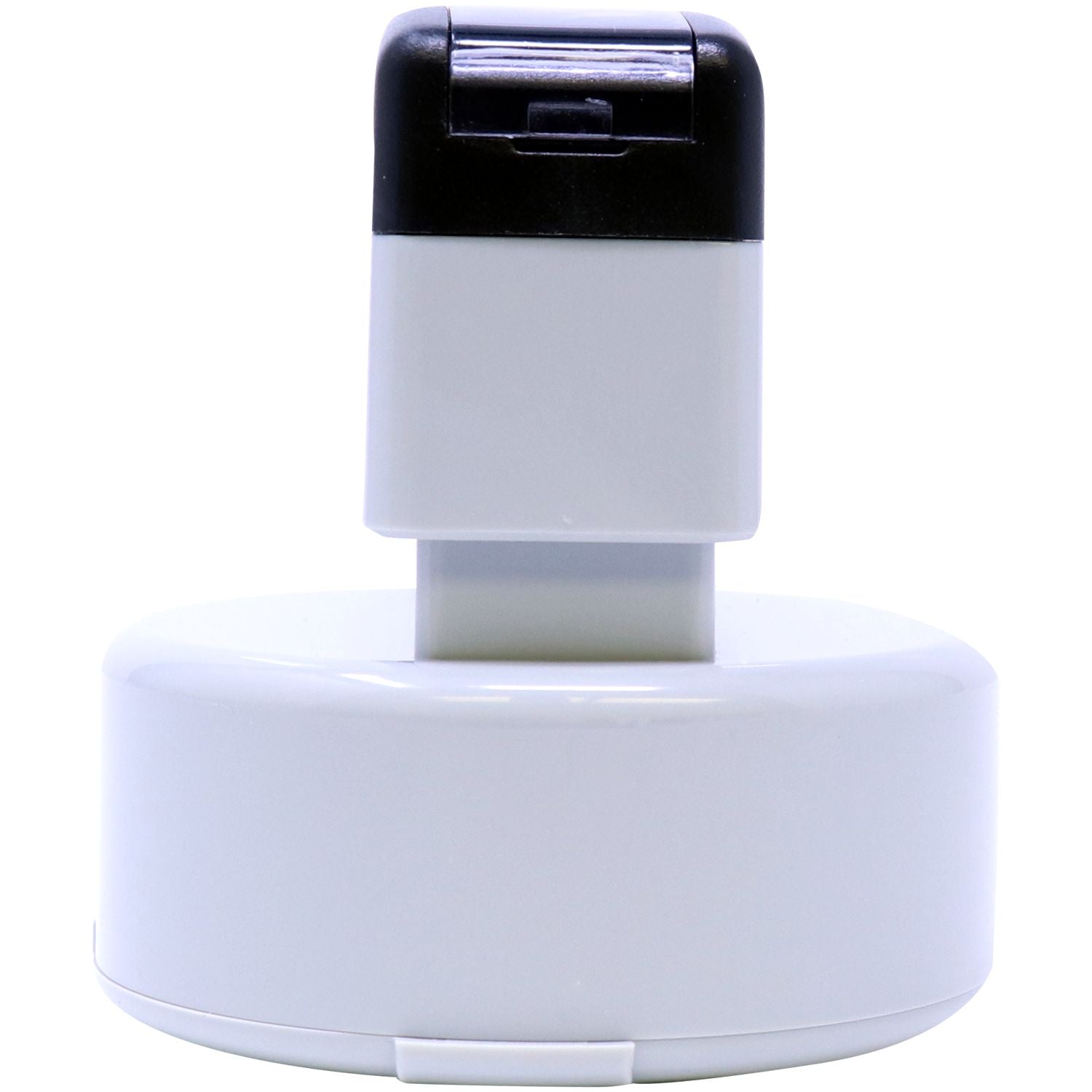 MaxLight XL2-655 Custom Pre-Inked Business Stamp 2 Diameter, shown in a side view with a white base and black top.