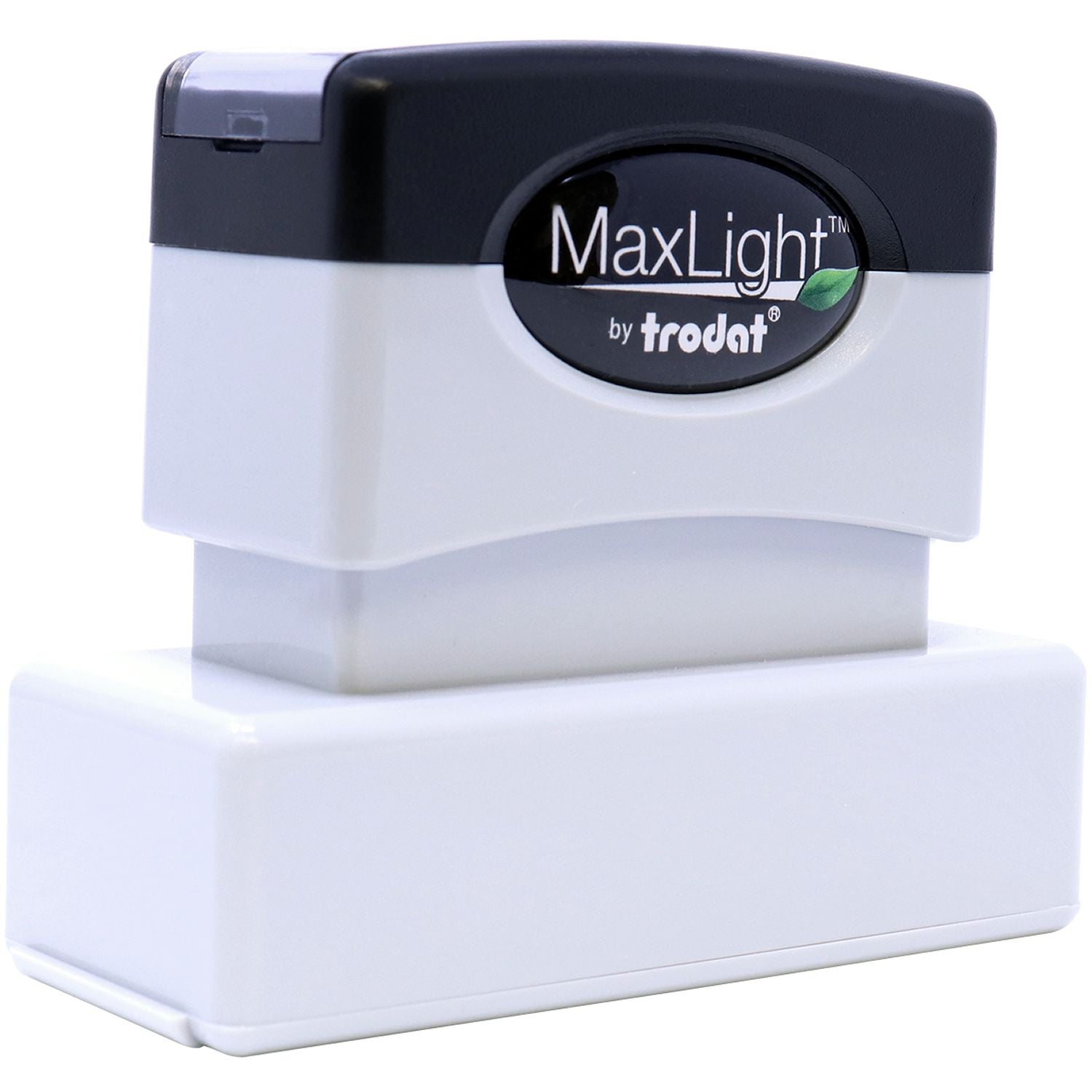 MaxLight XL2-145 Custom Pre-Inked Business Stamp 5/8 x 2-3/8, shown in a front angle view with a black and white design.