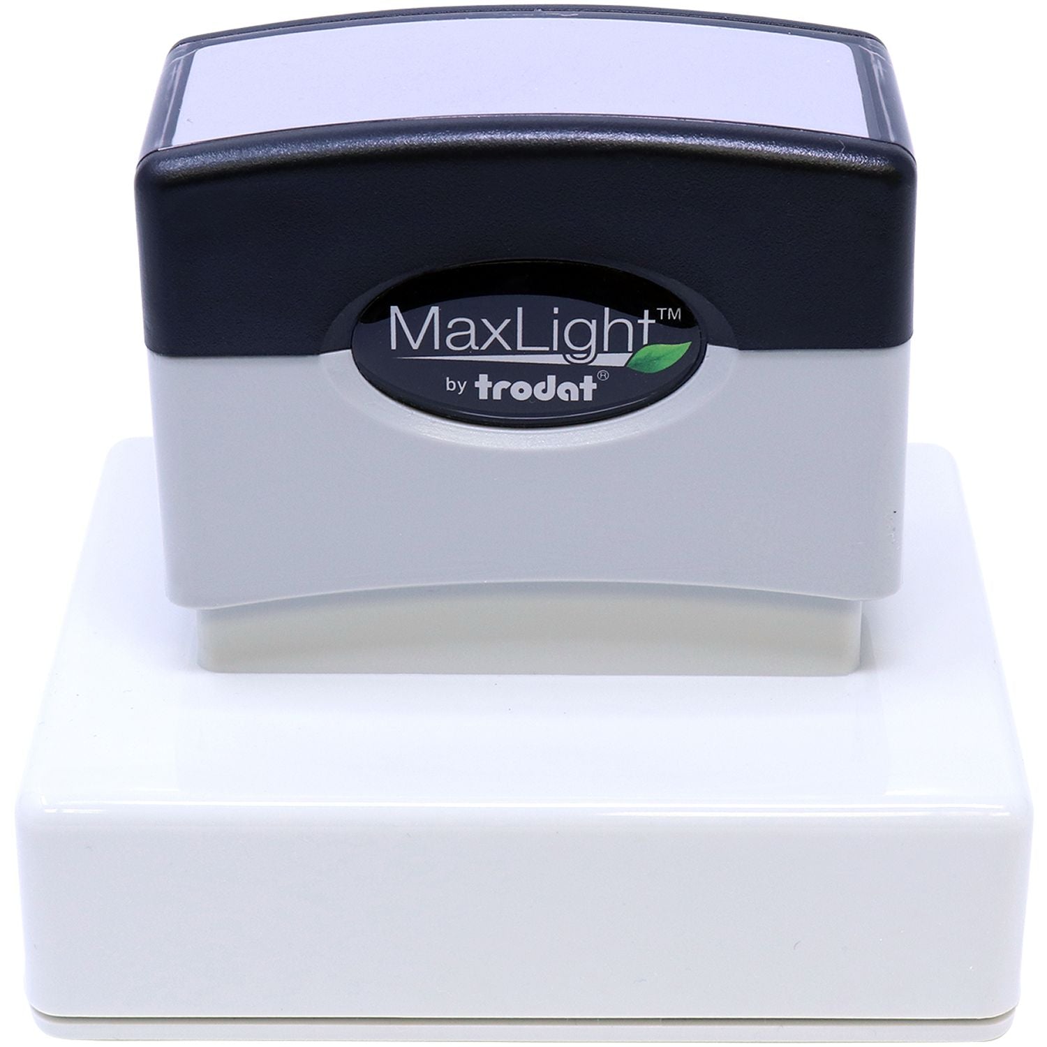 MaxLight XL2-145 Custom Pre-Inked Business Stamp 5/8 x 2-3/8, shown in a top-front angle, with a black and gray design on a white base.