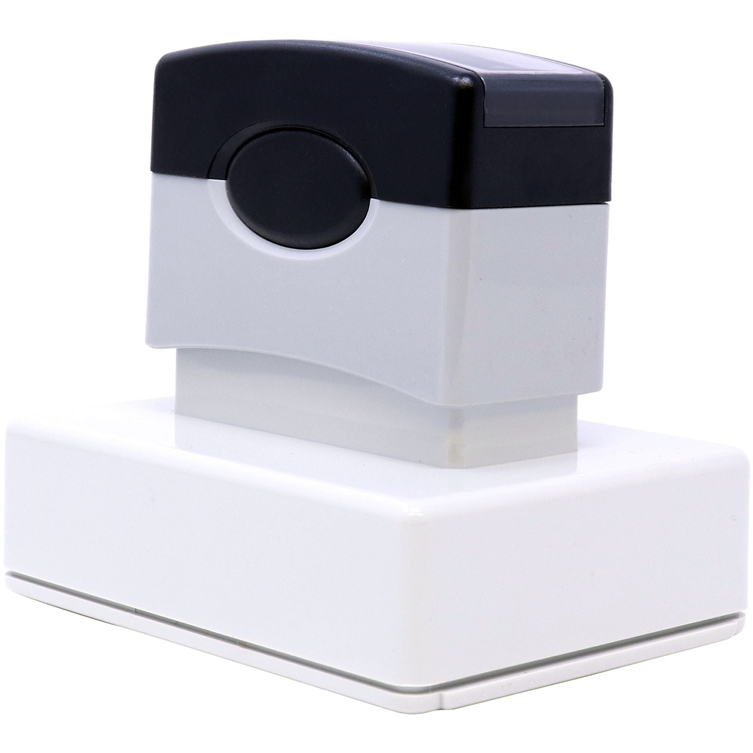 MaxLight Pre-Inked Notary Jurat Stamp with a black and gray handle, placed on a white base, shown from a back-side angle.