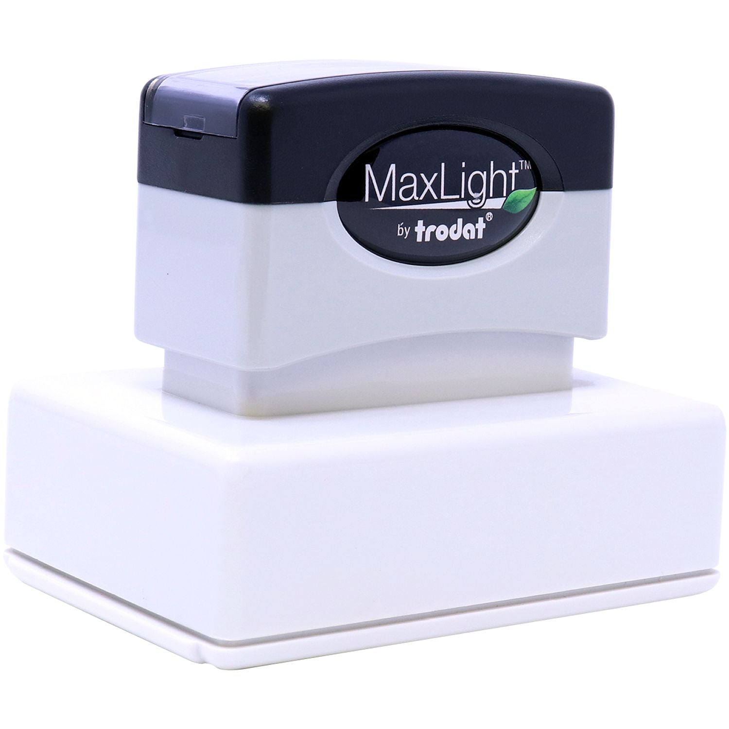 MaxLight XL2-165 Custom Pre-Inked Business Stamp 1-1/2 x 2-1/2, shown in a front angle view, with a black and gray design on a white base.