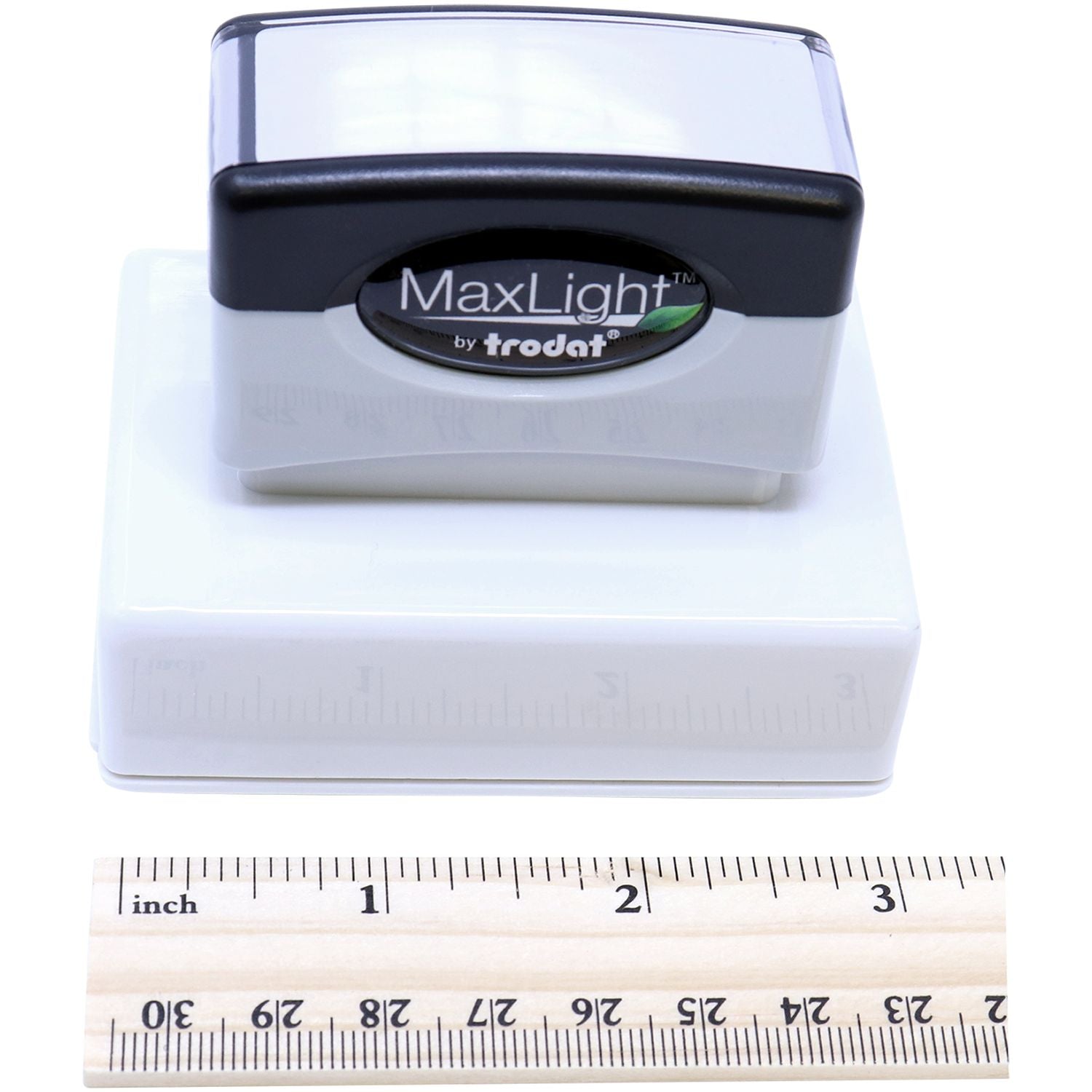 MaxLight Pre-Inked Notary Original Document Stamp shown with a ruler for scale, highlighting its compact size and sleek design.