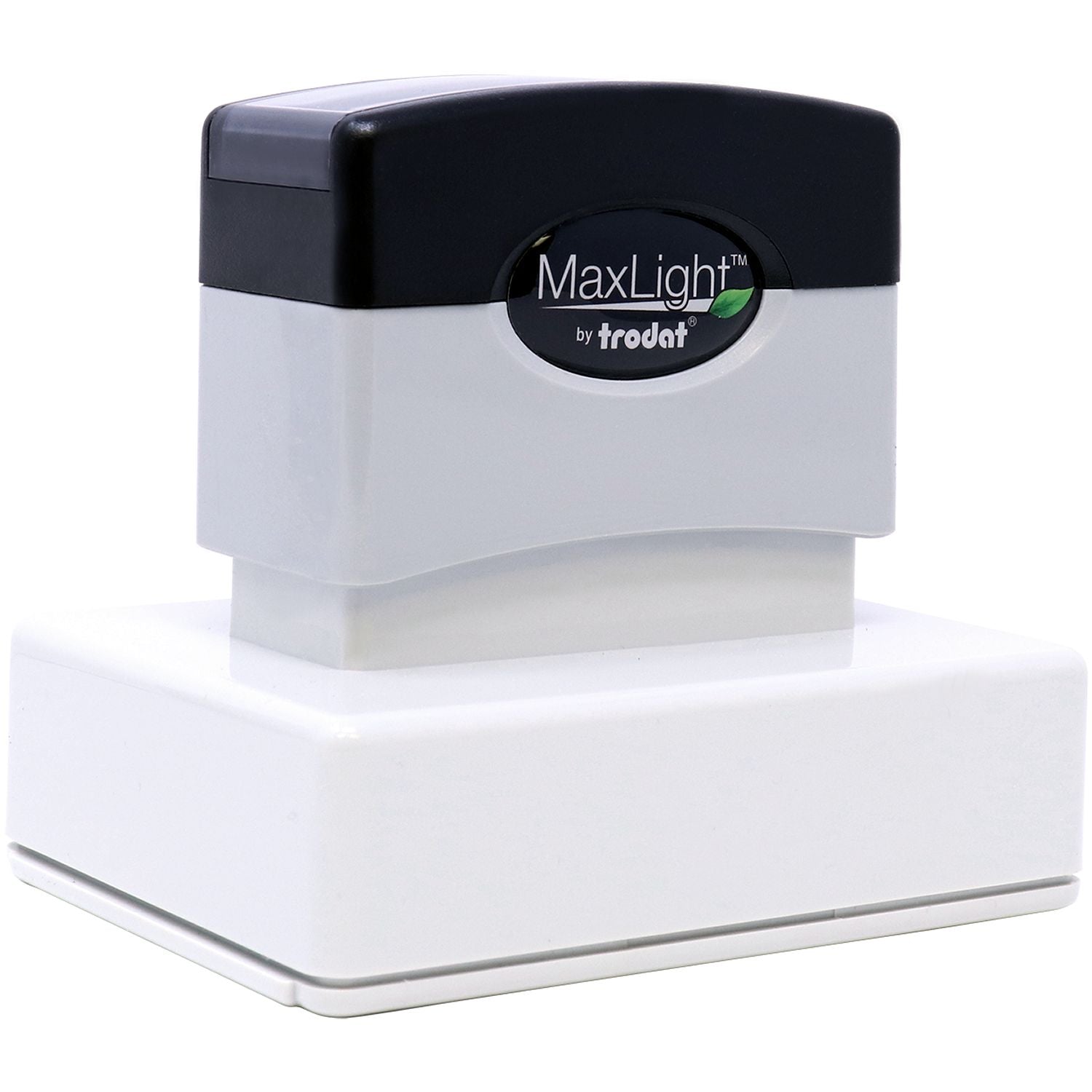 MaxLight Pre-Inked Notary Jurat Stamp with a black top and white base, angled view showing the MaxLight logo on the front.