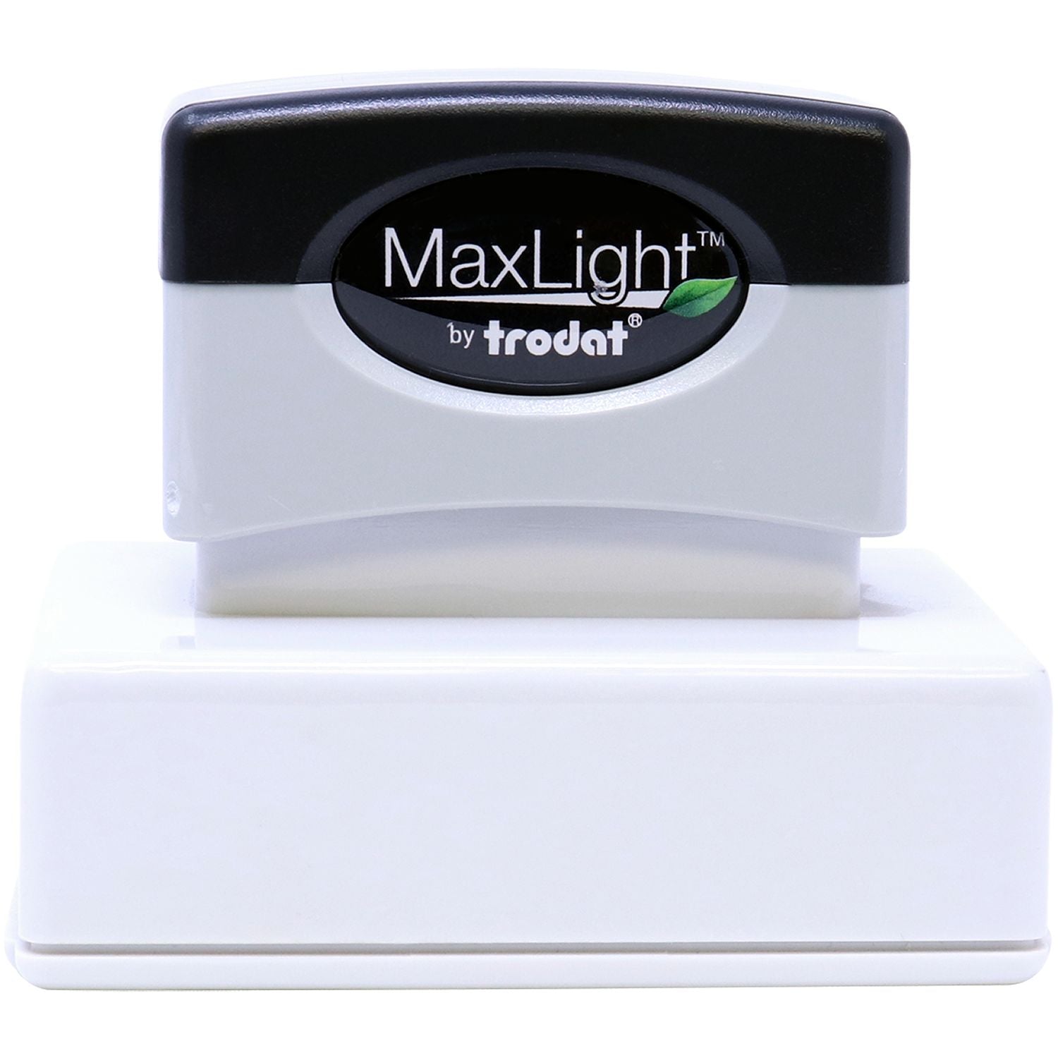 MaxLight Pre-Inked Notary Jurat Stamp by Trodat, featuring a black and gray design with a white base, ideal for notary use.