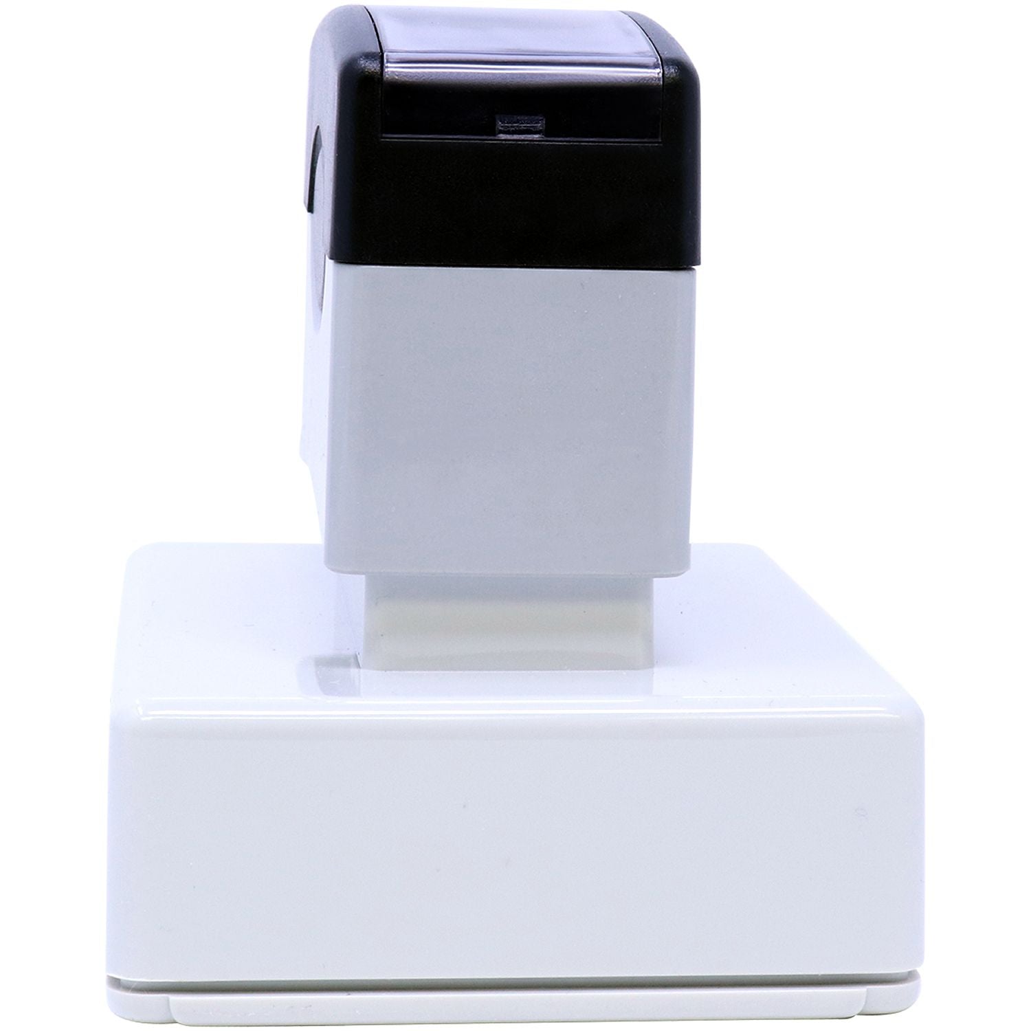 MaxLight Pre-Inked Notary Jurat Stamp in black and white, shown from the side view, resting on a white base.