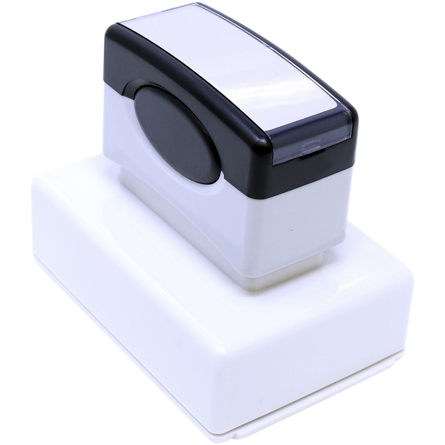 MaxLight Pre-Inked Notary Jurat Stamp in black and white, shown from a top-back angle, resting on a white surface.