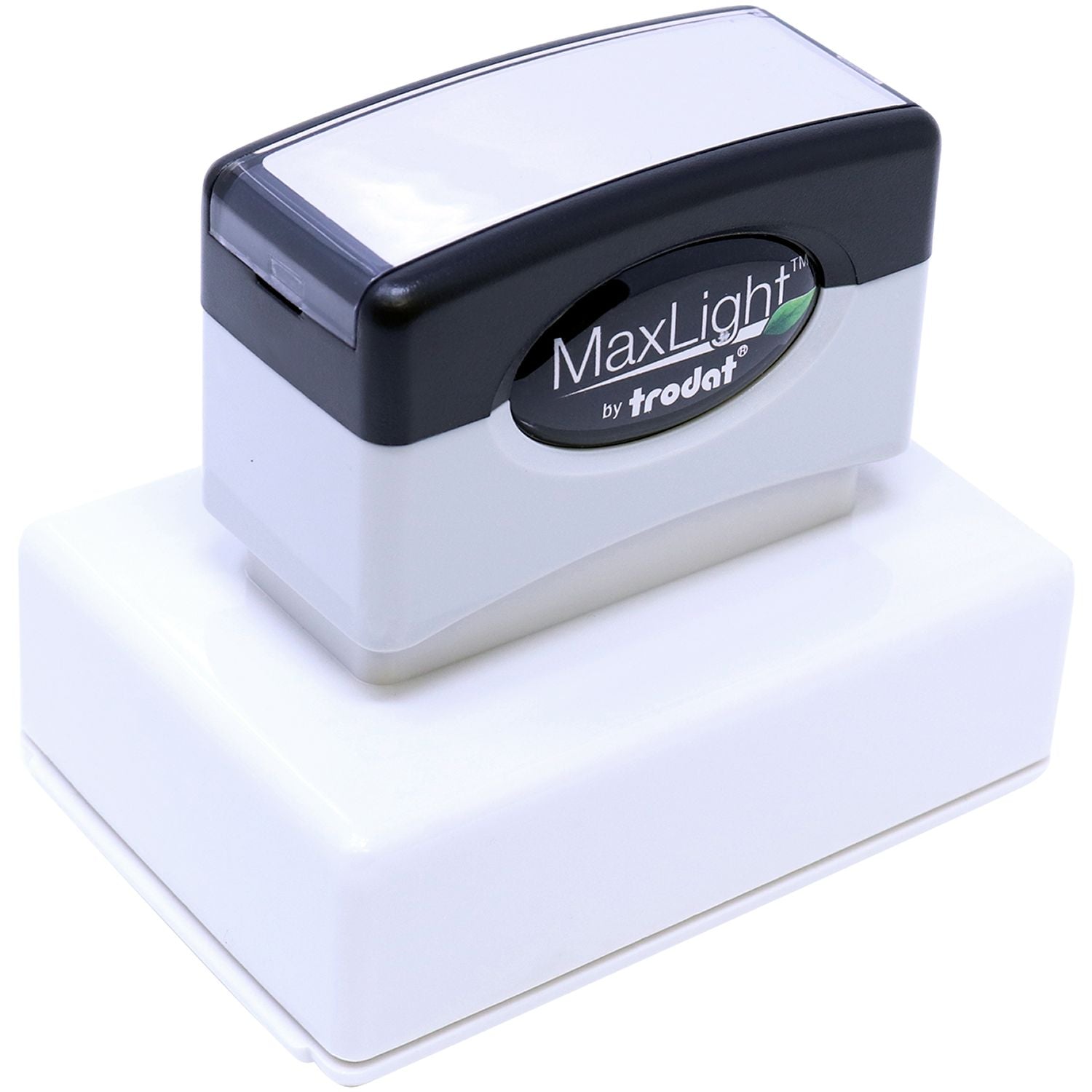 MaxLight XL2-165 Custom Pre-Inked Business Stamp 1-1/2 x 2-1/2, shown from a top front angle, featuring a black and gray design with a white base.