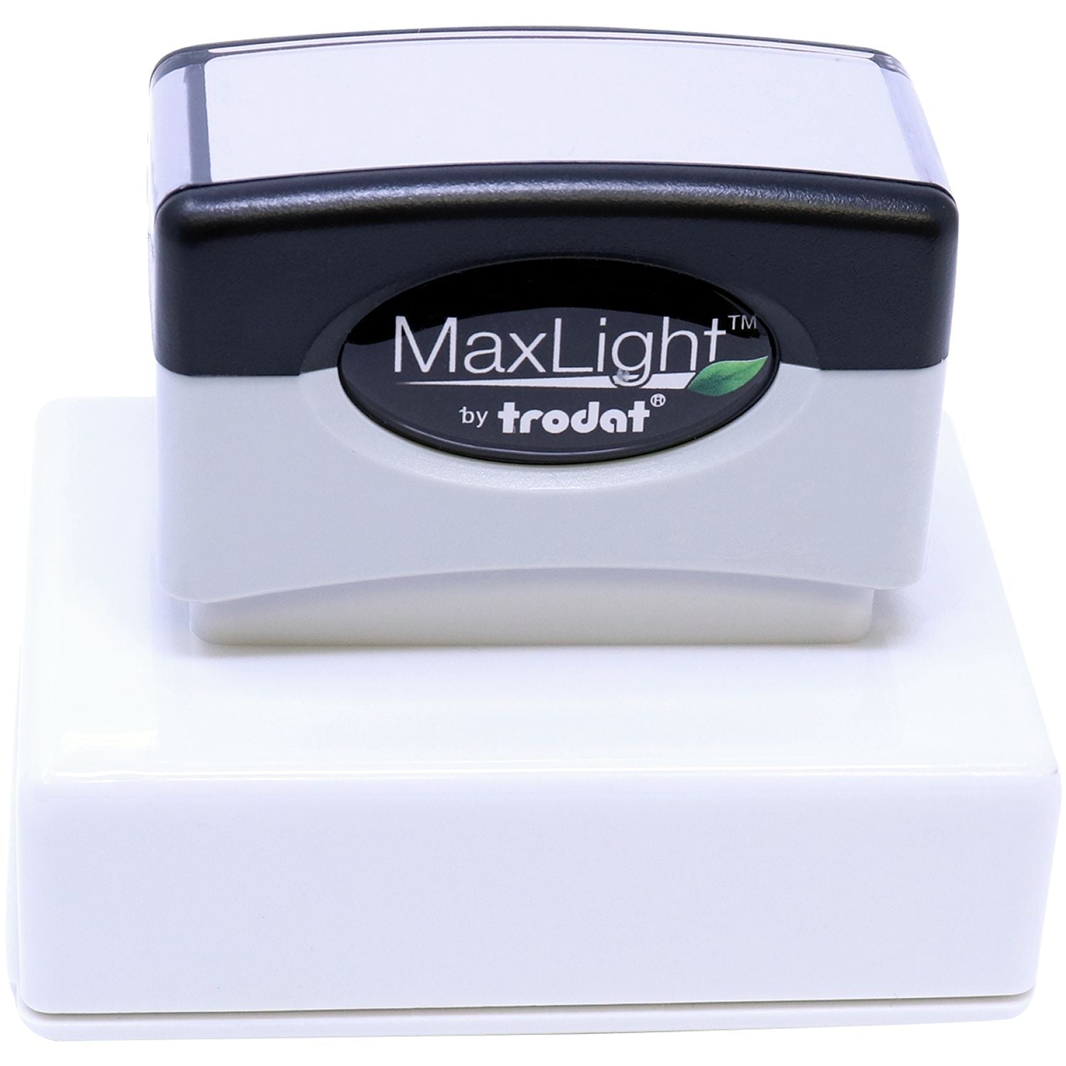 MaxLight XL2-165 Custom Pre-Inked Business Stamp 1-1/2 x 2-1/2, shown in black and gray with a white base, by Trodat.