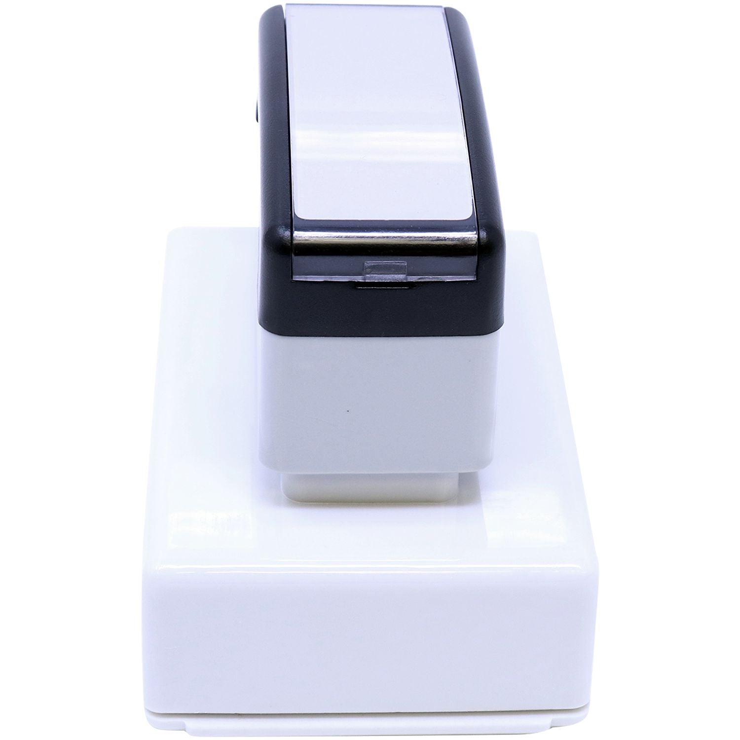 MaxLight Pre-Inked Notary Jurat Stamp in black and white, shown from the top and side, resting on a white surface.