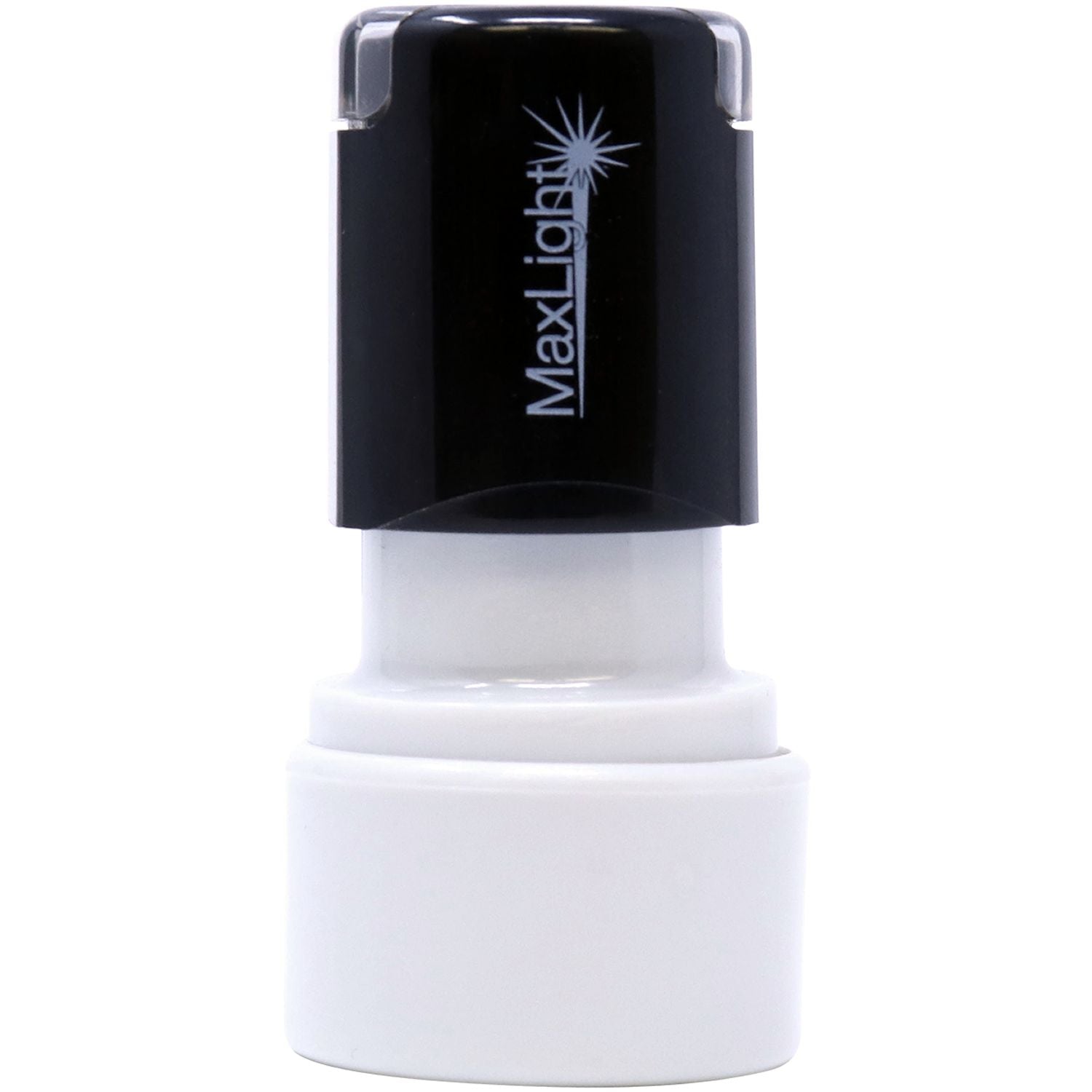 MaxLight XL2-325 Custom Pre-Inked Business Stamp 5/8 Diameter, black and white, shown from a top front angle.