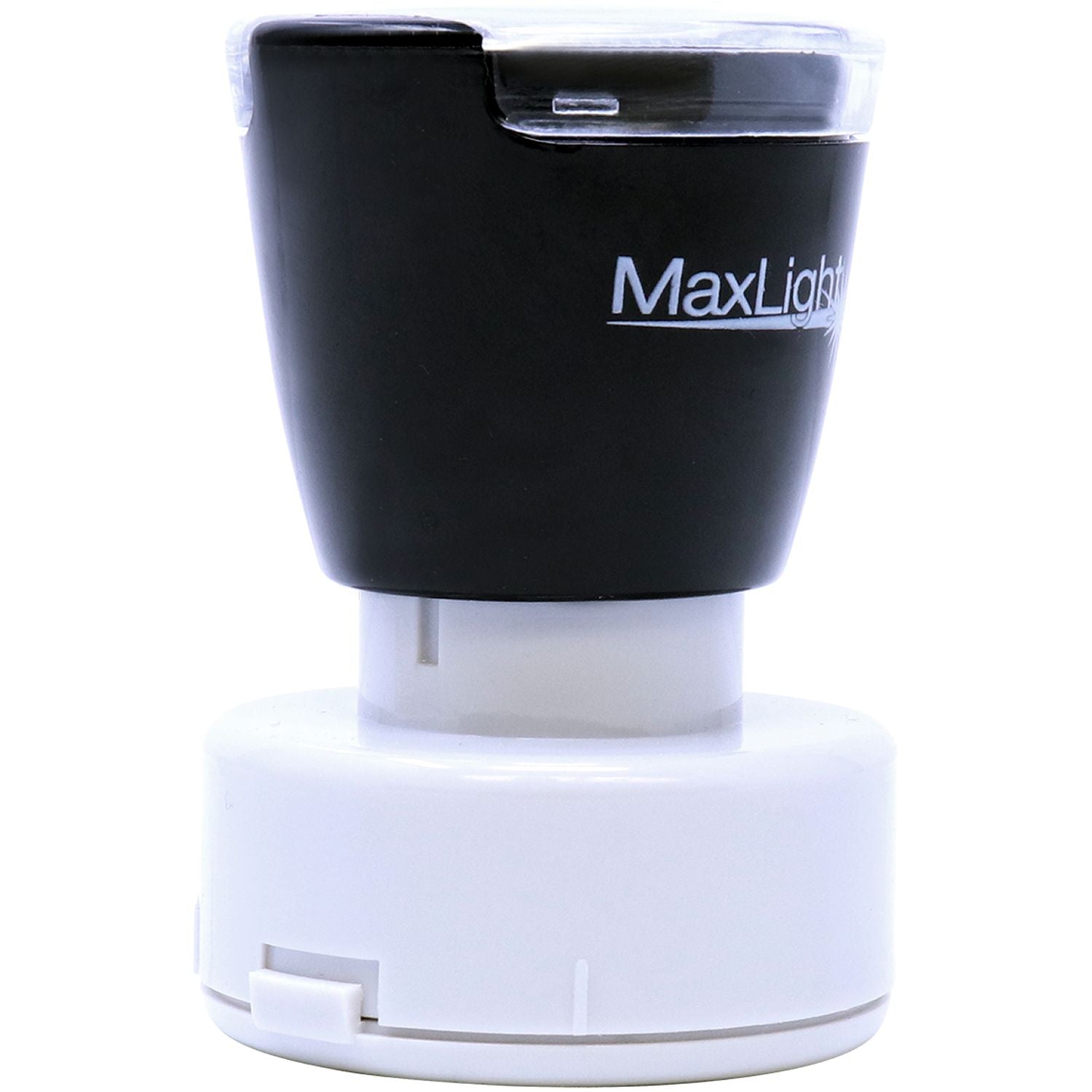 MaxLight XL2-495 Custom Pre-Inked Business Stamp 1-3/16 Diameter, black and white, side view with clear cap.