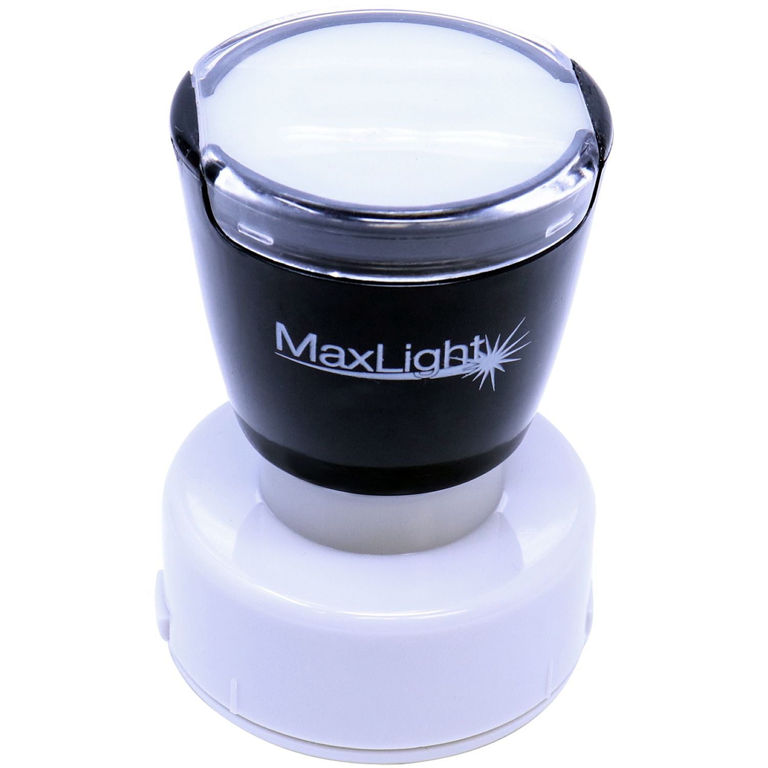 MaxLight XL2-495 Custom Pre-Inked Business Stamp 1-3/16 Diameter, black and white, shown from a top-front angle on a white background.