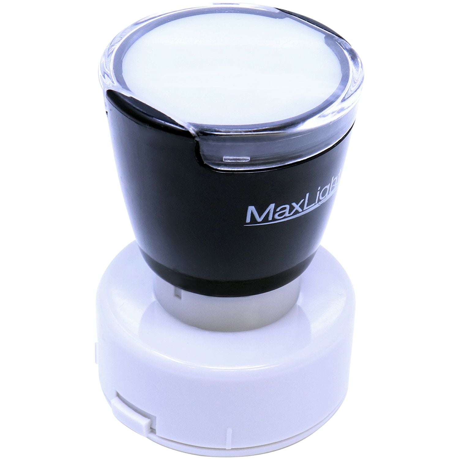 MaxLight XL2-495 Custom Pre-Inked Business Stamp 1-3/16 Diameter, black and white, shown from a top-side angle on a white background.