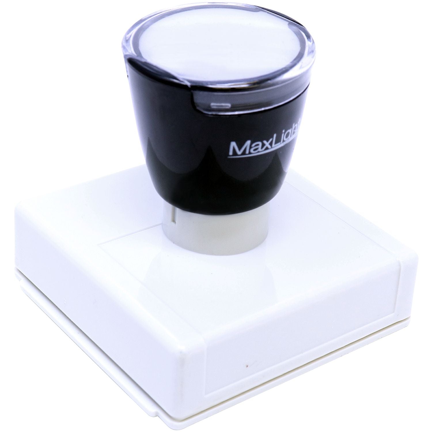 MaxLight XL2-5050 Custom Pre-Inked Business Stamp 2 x 2, black and white, shown from a front-side angle on a white background.