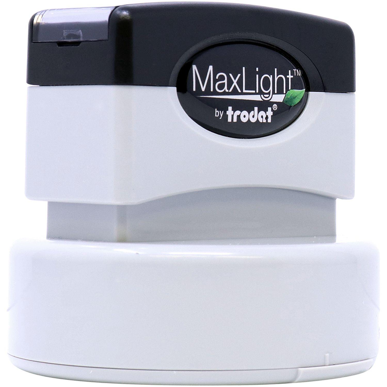 Geologist MaxLight Pre Inked Rubber Stamp of Seal by Trodat, shown from a front angle, featuring a black and white design with a green leaf logo.