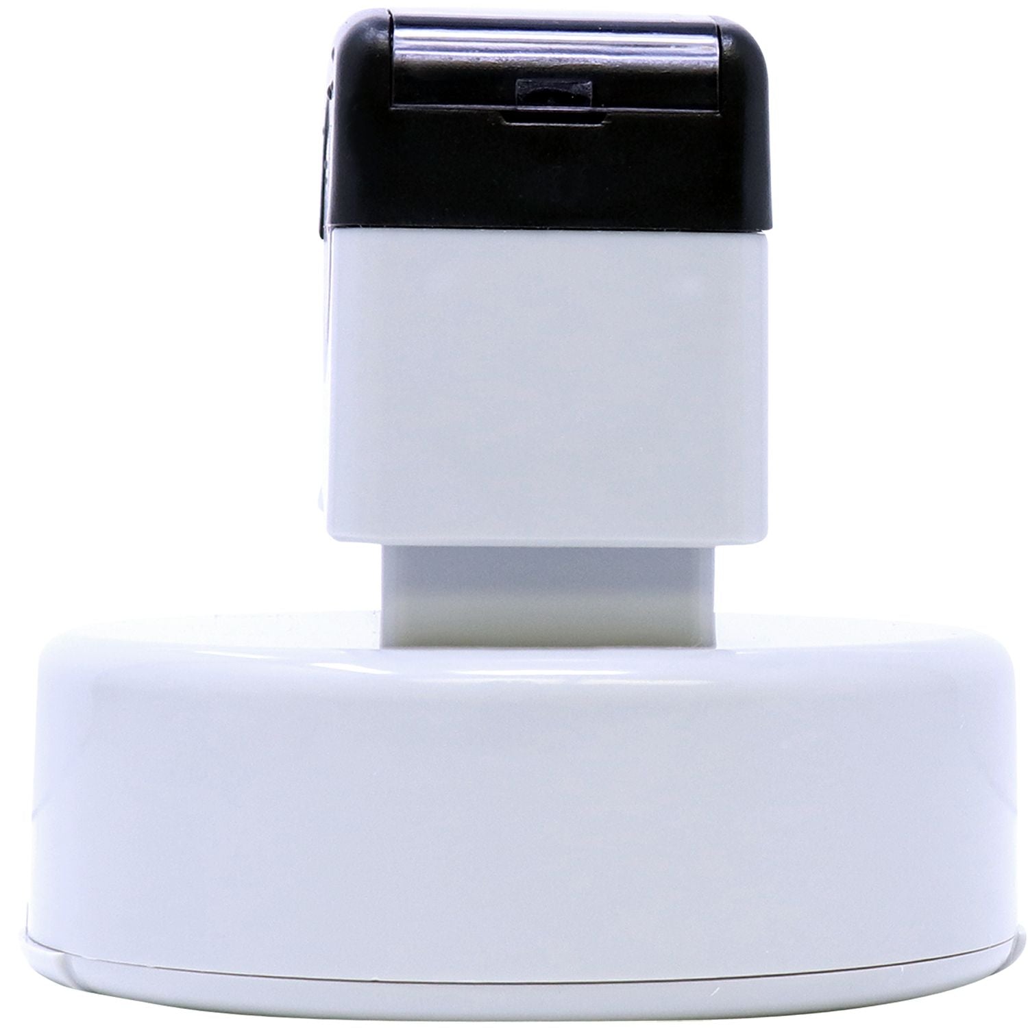 MaxLight XL2-535 Custom Pre-Inked Business Stamp 1-5/8 Diameter, shown from the side with a white base and black top.