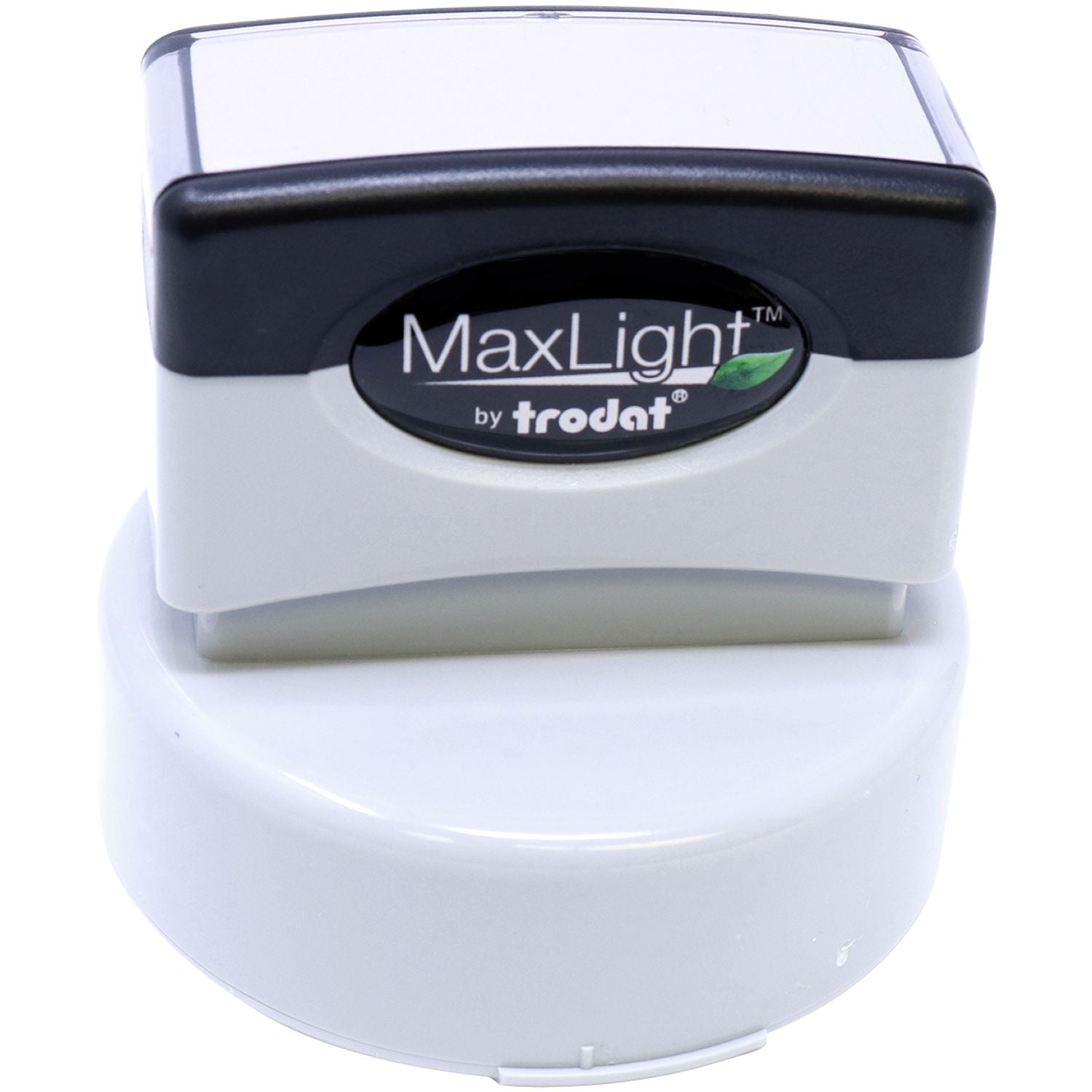 MaxLight XL2-535 Custom Pre-Inked Business Stamp 1-5/8 Diameter with a black and white design, shown on a white background.