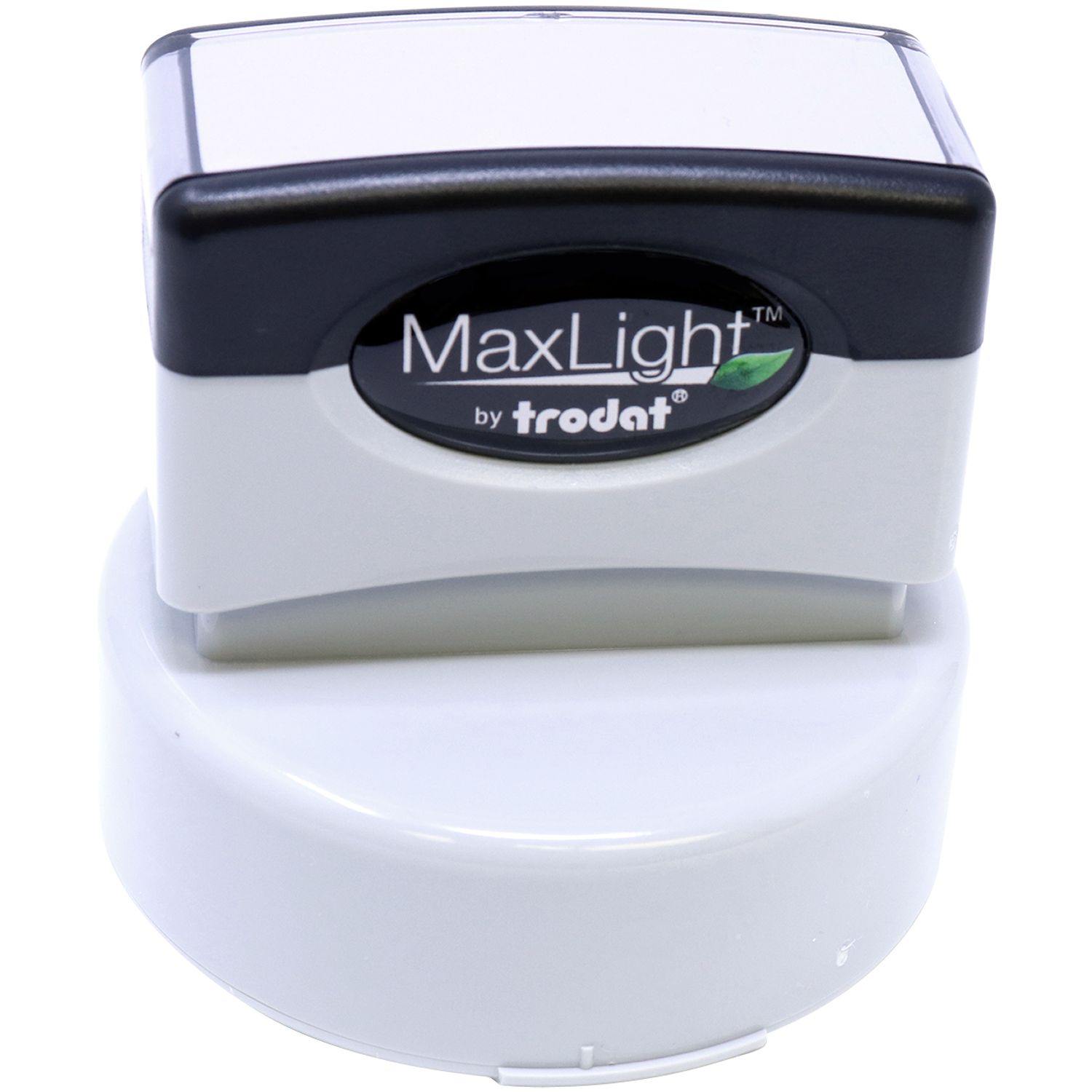 Geologist MaxLight Pre Inked Rubber Stamp of Seal, black and white, rectangular top with round base, by Trodat.