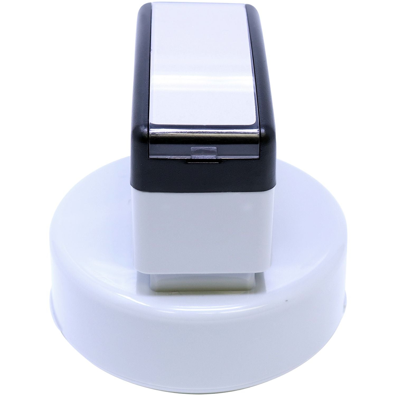 MaxLight XL2-535 Custom Pre-Inked Business Stamp 1-5/8 Diameter, shown from the top and side, featuring a sleek black and white design.