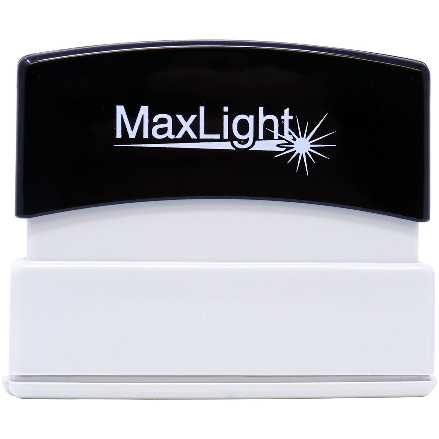 MaxLight XL2-55 Custom Pre-Inked Business Stamp 3/16 x 2-1/2, black and white, front view, with MaxLight logo on top.