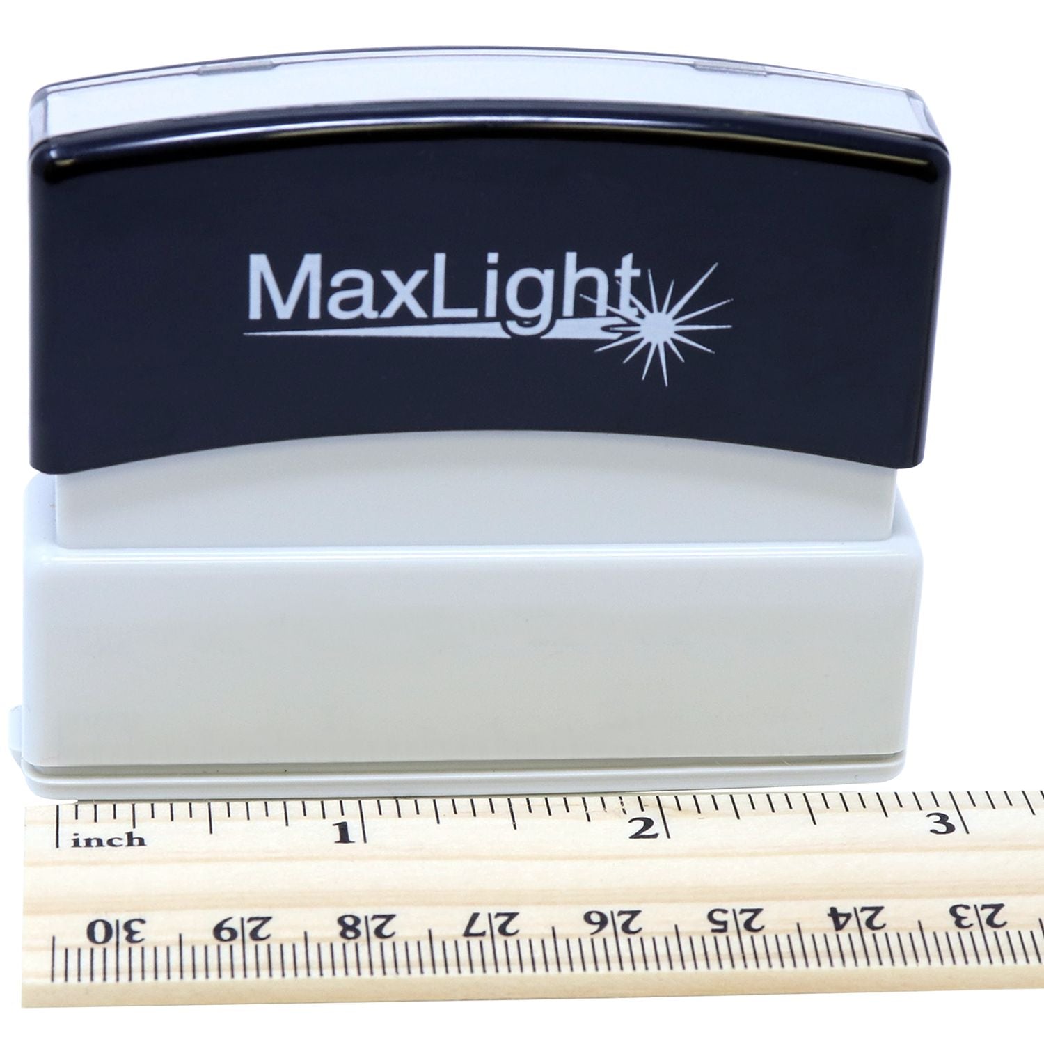 MaxLight XL2-55 Custom Pre-Inked Business Stamp 3/16 x 2-1/2 shown with a ruler for scale, featuring a black and white design.