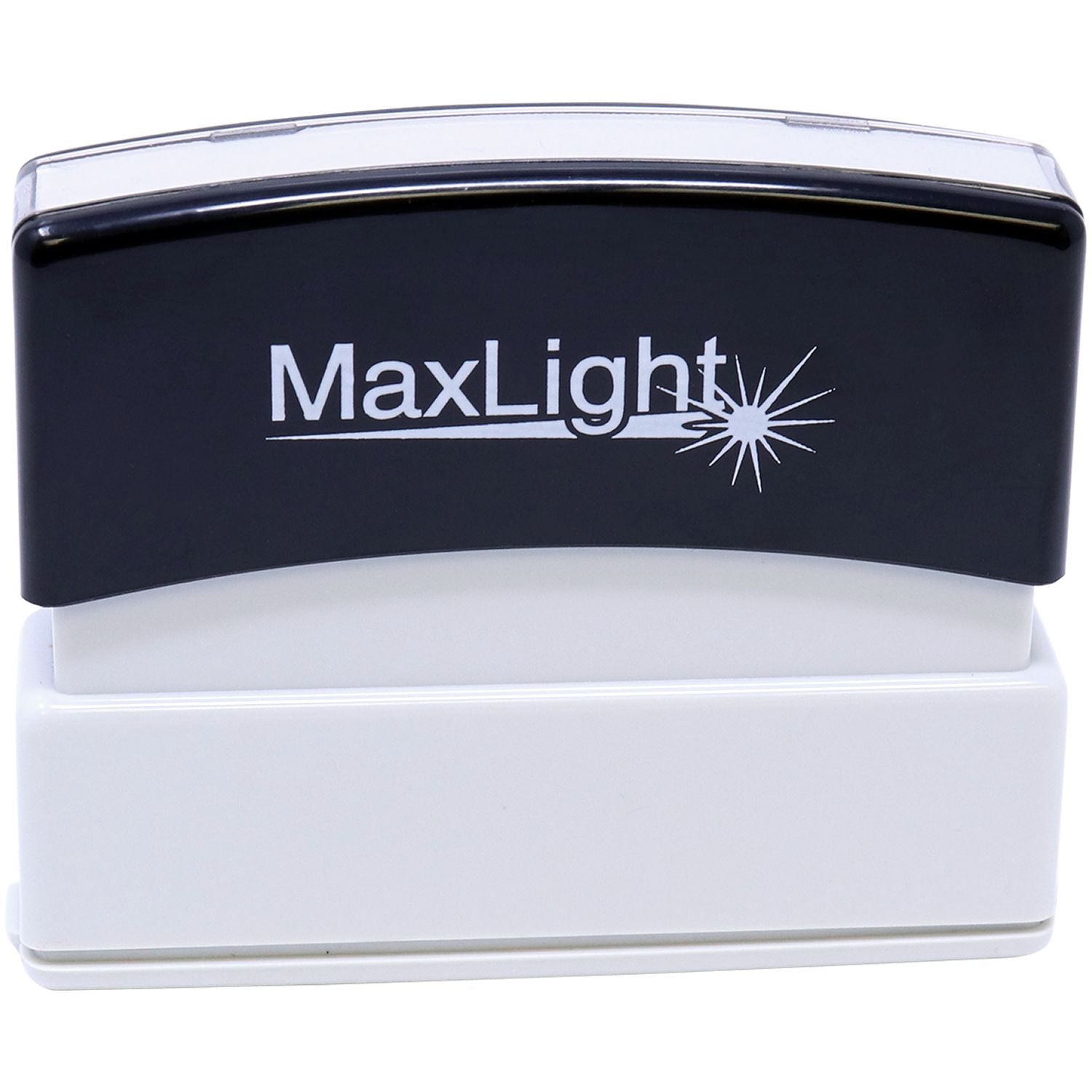 MaxLight XL2-55 Custom Pre-Inked Business Stamp 3/16 x 2-1/2 with a black top and white base, shown from the front.