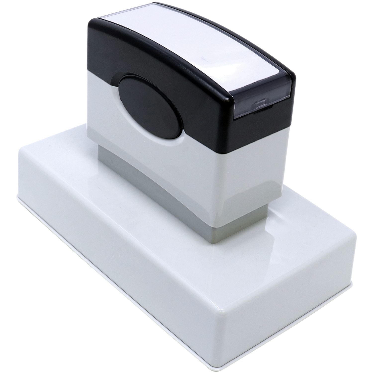 MaxLight XL2-750 Custom Pre-Inked Business Stamp 1-1/2 x 4-1/3, shown from a back-side angle, featuring a sleek black and white design.