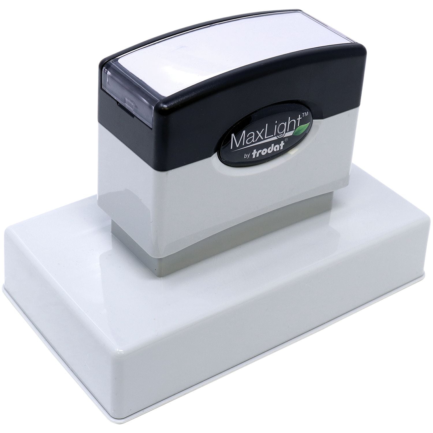 MaxLight XL2-750 Custom Pre-Inked Business Stamp 1-1/2 x 4-1/3, shown from a top-front-side angle, with a black and white design.