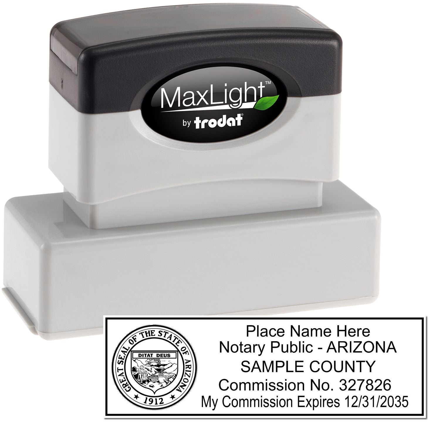The main image for the MaxLight Premium Pre-Inked Arizona State Seal Notarial Stamp depicting a sample of the imprint and electronic files