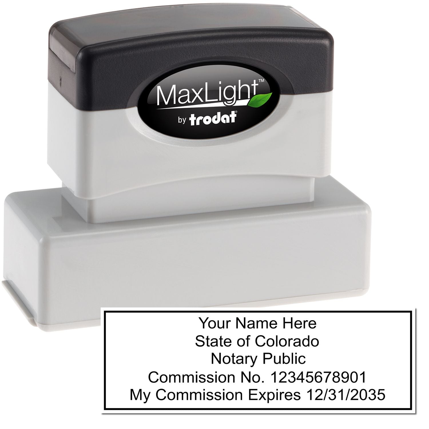 The main image for the MaxLight Premium Pre-Inked Colorado Rectangular Notarial Stamp depicting a sample of the imprint and electronic files