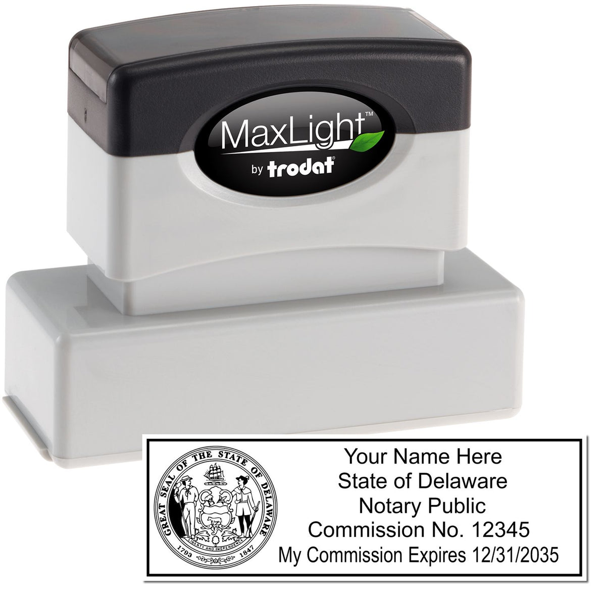 The main image for the MaxLight Premium Pre-Inked Delaware State Seal Notarial Stamp depicting a sample of the imprint and electronic files