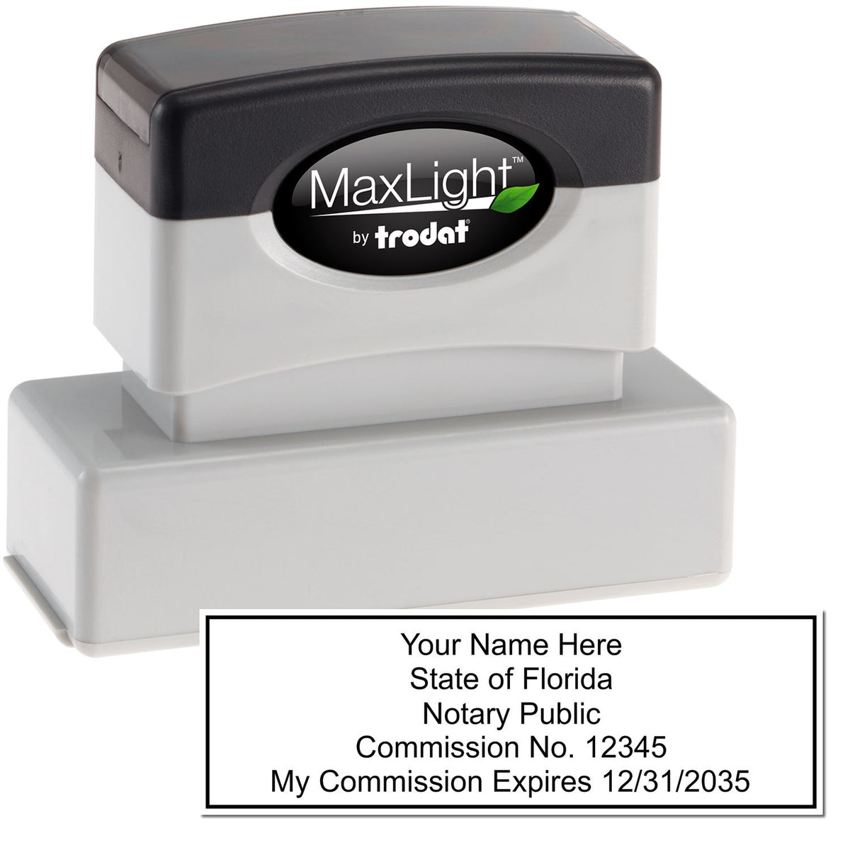 The main image for the MaxLight Premium Pre-Inked Florida Rectangular Notarial Stamp depicting a sample of the imprint and electronic files
