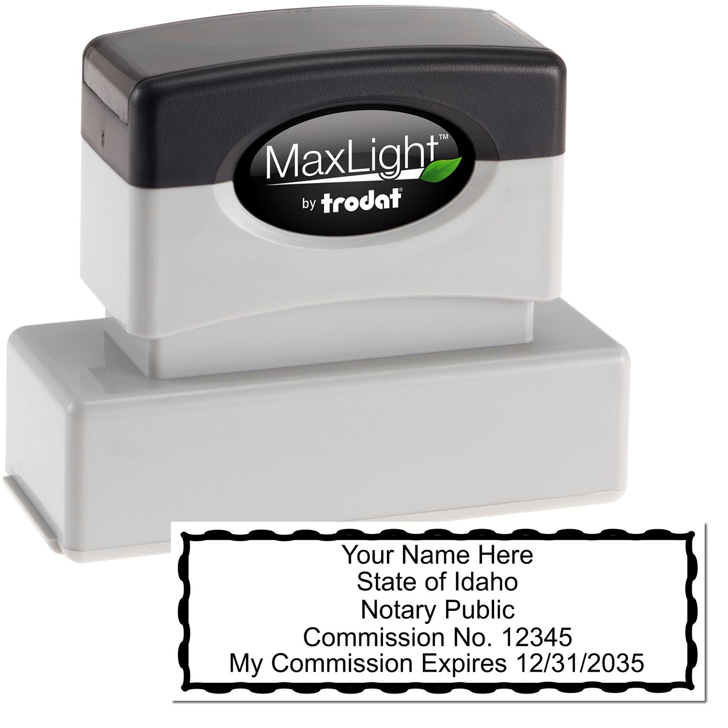 The main image for the MaxLight Premium Pre-Inked Idaho Rectangular Notarial Stamp depicting a sample of the imprint and electronic files