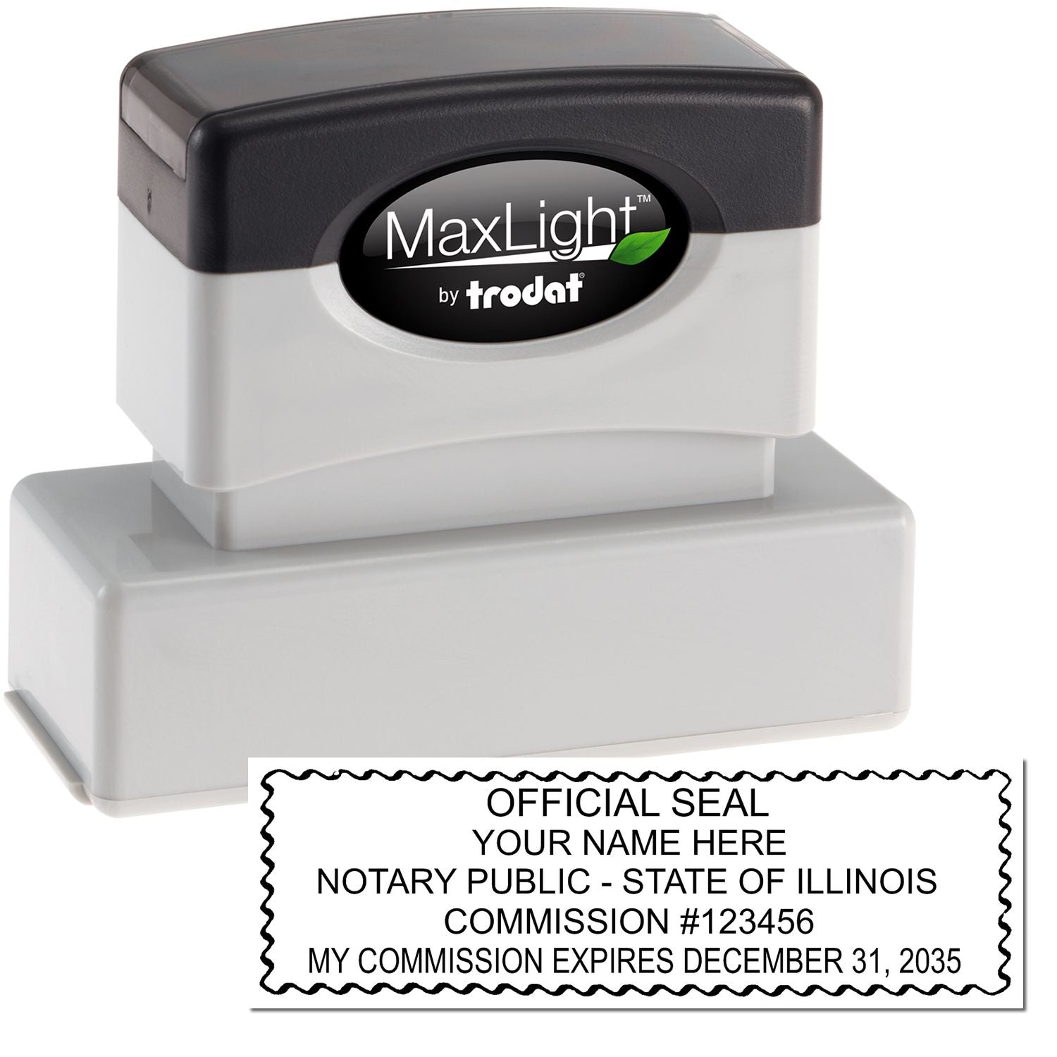 The main image for the MaxLight Premium Pre-Inked Illinois Rectangular Notarial Stamp depicting a sample of the imprint and electronic files