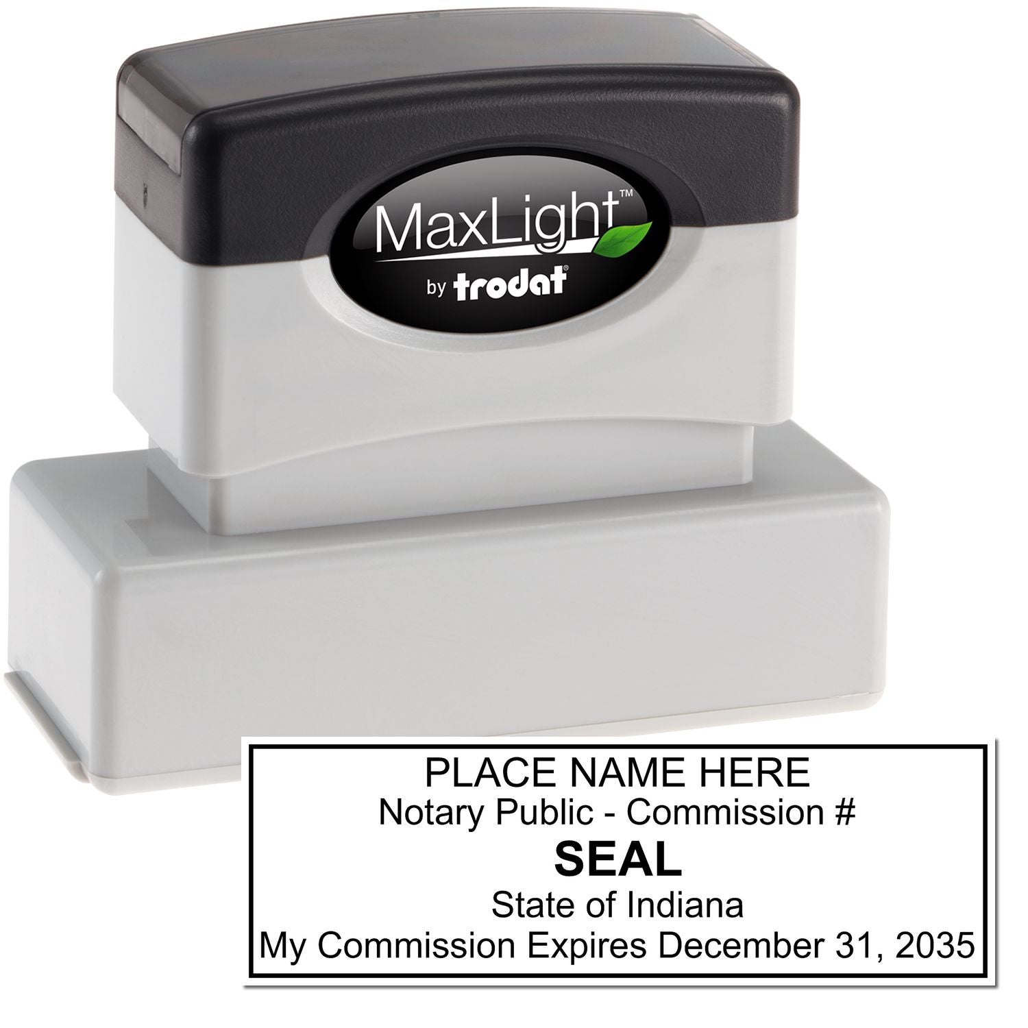 The main image for the MaxLight Premium Pre-Inked Indiana Rectangular Notarial Stamp depicting a sample of the imprint and electronic files