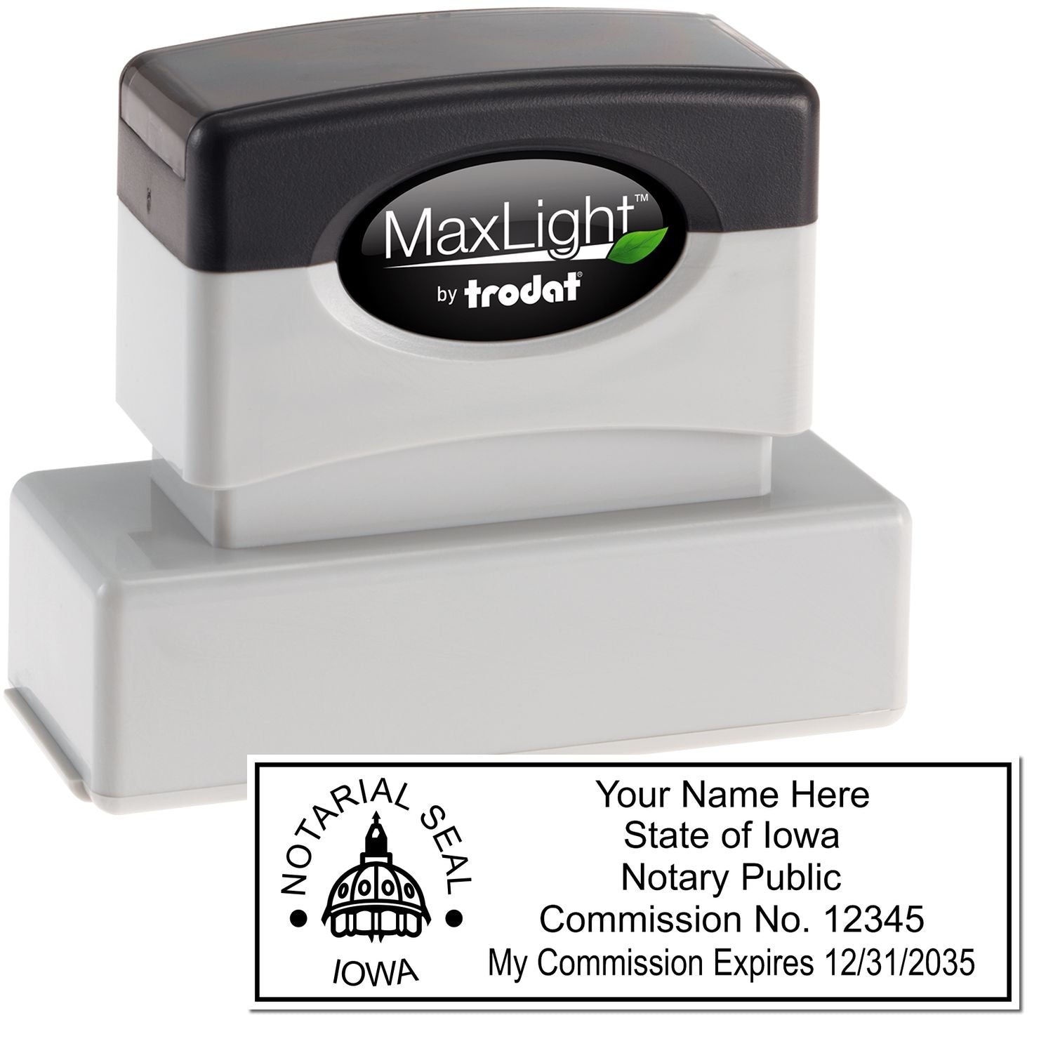 The main image for the MaxLight Premium Pre-Inked Iowa State Seal Notarial Stamp depicting a sample of the imprint and electronic files