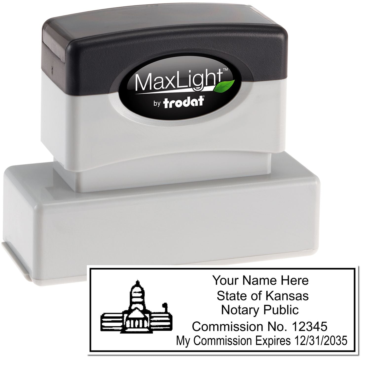 The main image for the MaxLight Premium Pre-Inked Kansas State Seal Notarial Stamp depicting a sample of the imprint and electronic files