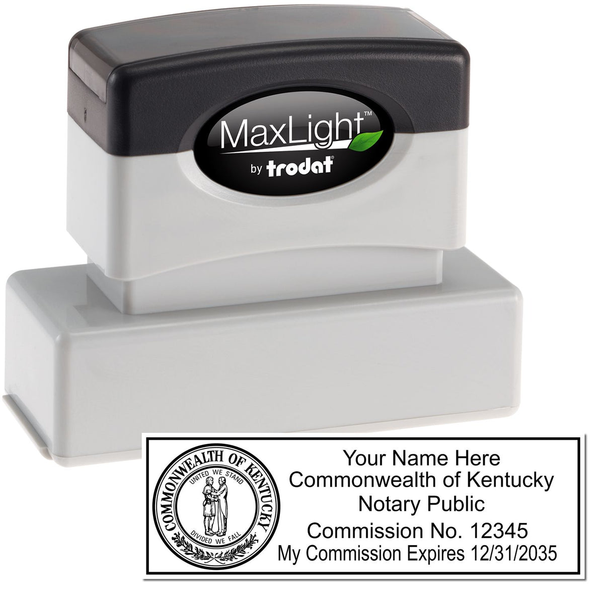 The main image for the MaxLight Premium Pre-Inked Kentucky State Seal Notarial Stamp depicting a sample of the imprint and electronic files