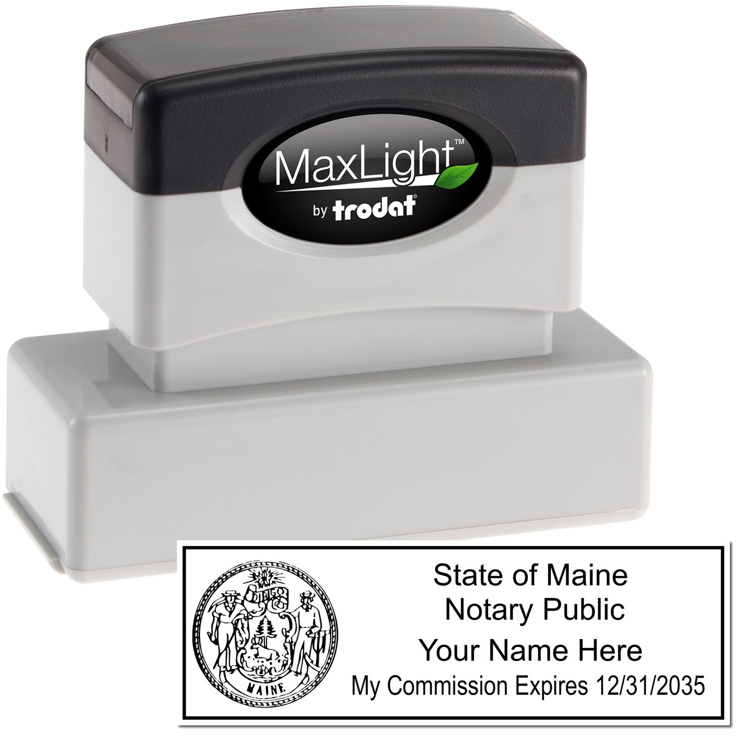 The main image for the MaxLight Premium Pre-Inked Maine State Seal Notarial Stamp depicting a sample of the imprint and electronic files