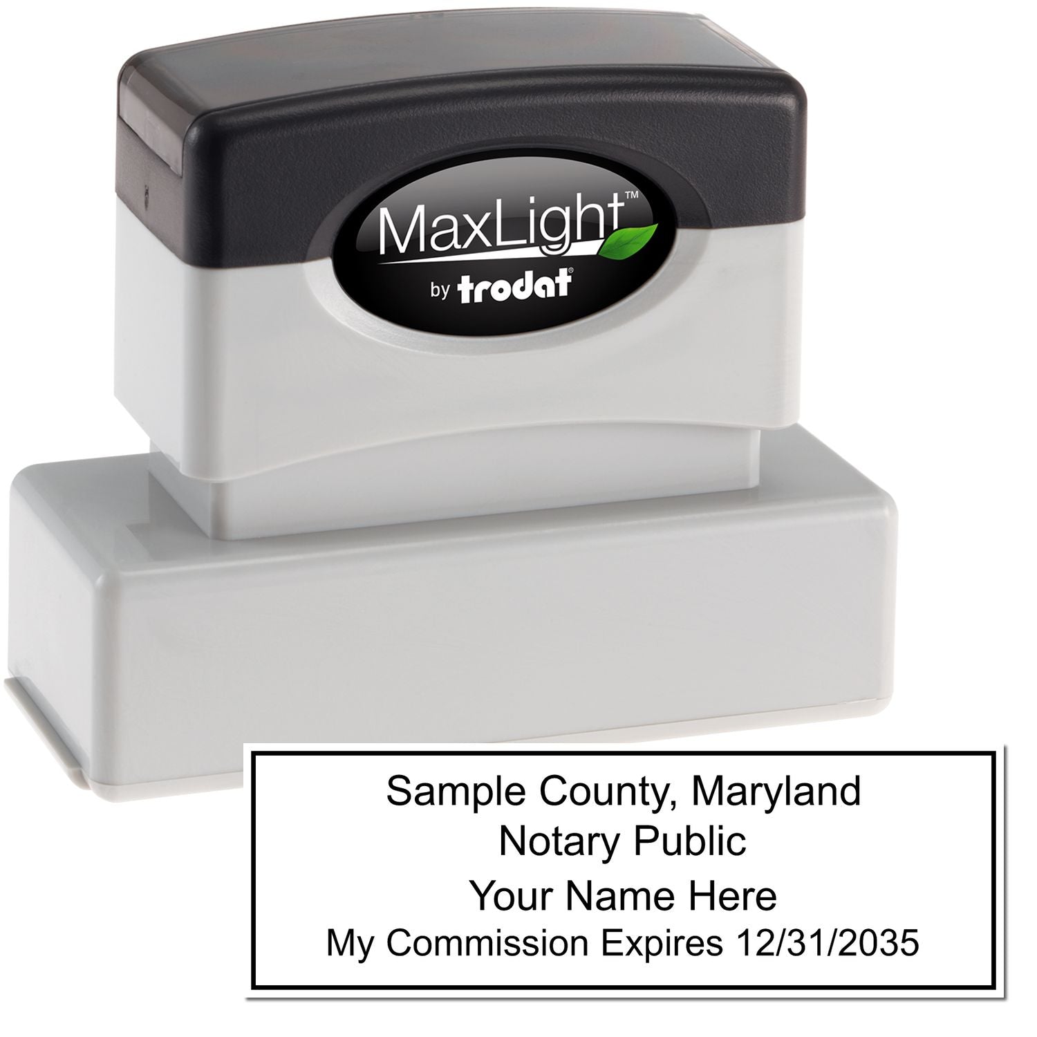 The main image for the MaxLight Premium Pre-Inked Maryland Rectangular Notarial Stamp depicting a sample of the imprint and electronic files