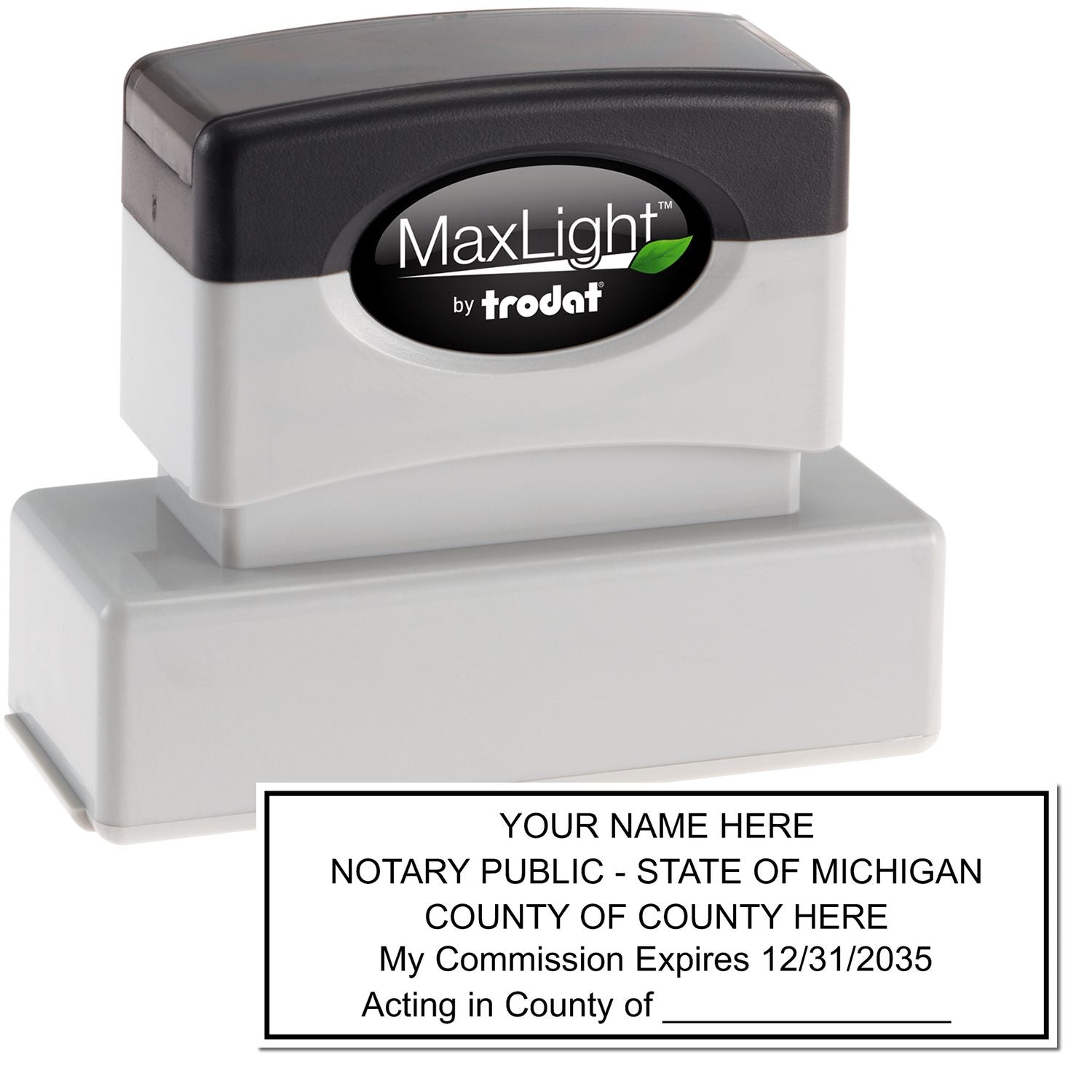 The main image for the MaxLight Premium Pre-Inked Michigan State Seal Notarial Stamp depicting a sample of the imprint and electronic files